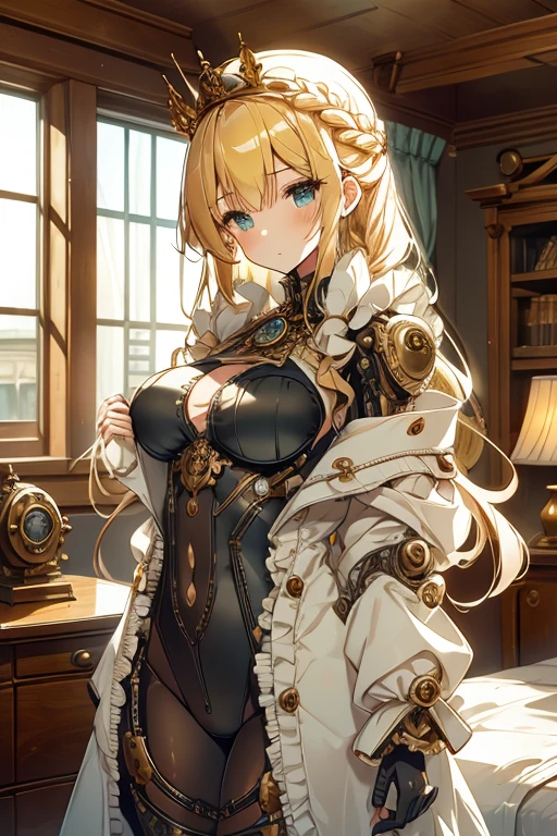 Steampunk World. chica robot desvistiendose undressing. takes off an old dress with high quality fabrics, many ruffles and corseted. It is located in a bedroom with a large window in an old house. all furniture is dark wood and ornate. Reelmech, mechanical parts, cable, wires, machinery, Joints, body suit. She has a sweet but expressionless face and pale blonde hair in a crown braid.