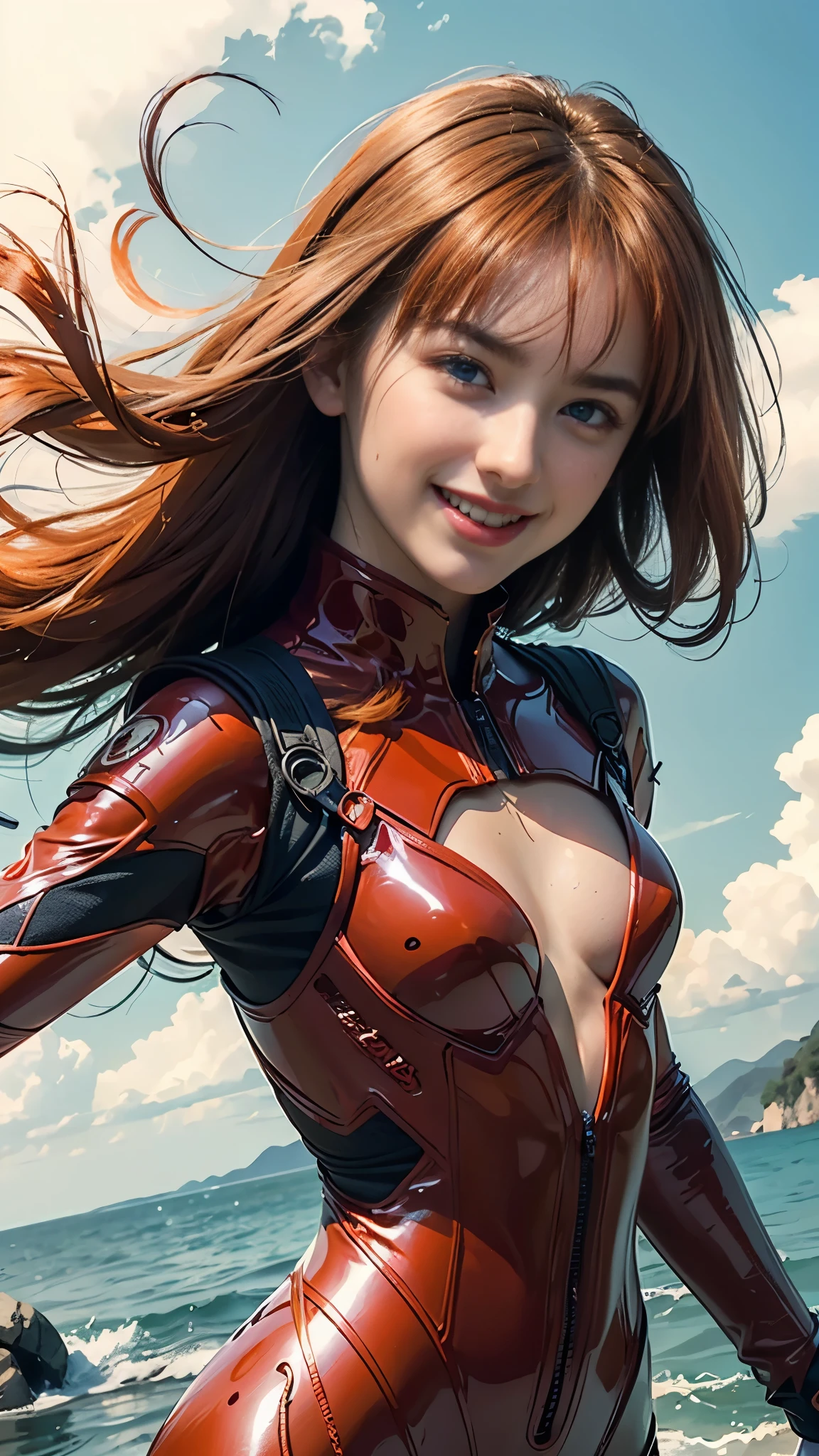 souryuuasukalangley, Asuka Langley,1girl, radiating innocence, purity and youth, (laugh:1.3), (orange hair:1.3), (blue eyes:1.3), hair ornament, red bodysuit, red pilot suit, red plugsuit, red bodysuit, red latex suit, interface headset, (floating hair:1.3), natural_makeup, Beautiful, little_cute_girl, (small_firm_breasts:1.3), seductive style, correct anatomy, (Best quality, 8k, 32k, photoreal, UHD:1.2), (smooth soft skin:1.3), (pale skin:1.3), detailed skin, pore, ultra high res, hyperrealistic, perfect light, (soft studio lighting:1.2), (masterpiece, best quality:1.2), sharp-focus, bokeh, fantastic, (ground level shot:1.3), upper body, close up, from below, look_at_viewer, dramatic composition, score_9_up,score_8_up,score_7_up
