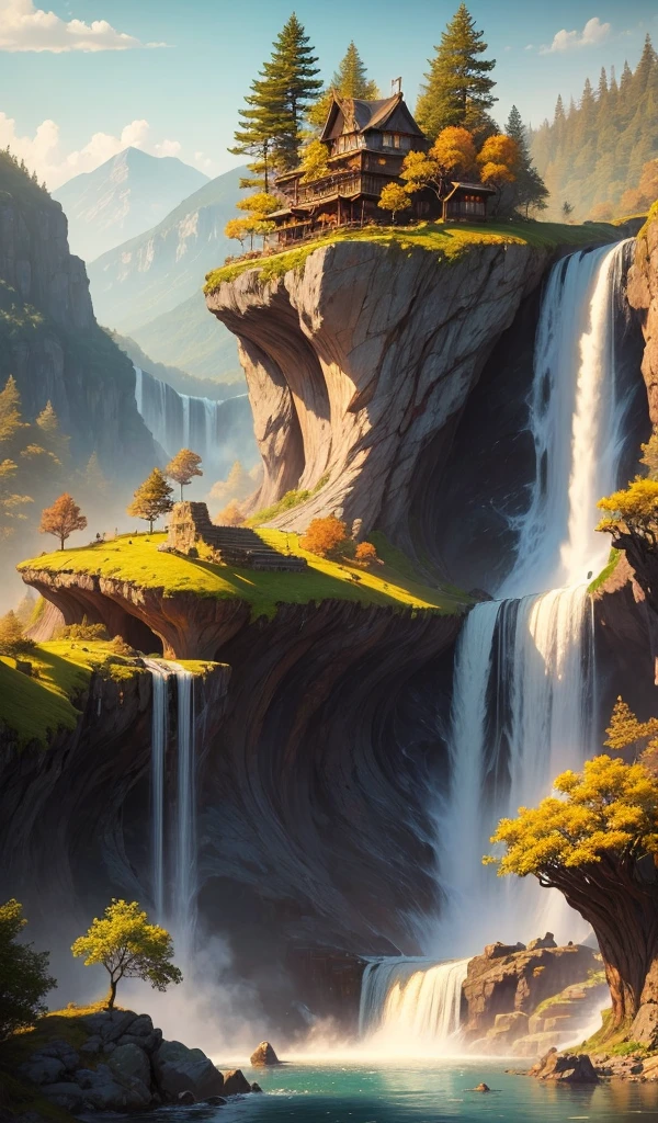 A majestic elven city nestled in ancient, towering trees with golden leaves and sparkling waterfalls.