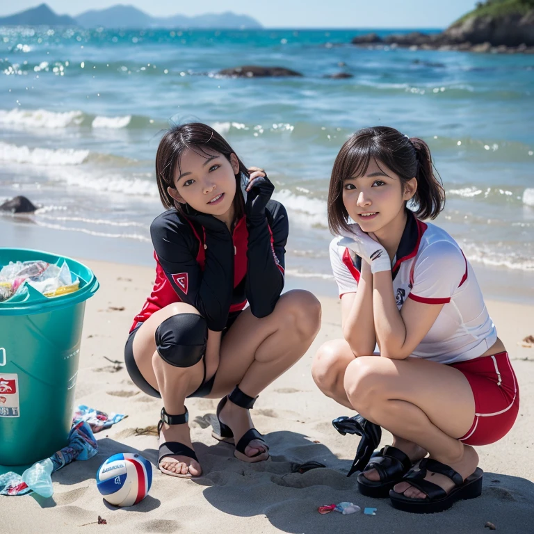 (2 beautiful Korean women volunteers, age 28, (wearing White Tight Lightweight Synthetic Korea Volleyball Jersey, Red Spandex Shorts, Ankle Braces, Knee Pads, white gloves, sandals, barefeet), (Squatting down, Removing Ocean Debris, Plastic bottles, Plastic Straws, Plastic Bags, Garbage, Dump Pit, Garbage bags), (Beach Clean-up, Ocean Clean-up), Early Dawn On a polluted Beach, Sun-rays, Lens Flare,

Hopeful expressions, kind smile, dimples, cute snaggle-tooth, short hair, bob hair, short ponytail, symmetrical face, detailed facial features, beautiful detailed face, highly detailed face, beautiful detailed eyes, perfect body anatomy, ample bosoms,

photorealistic, hyper-realism, high contrast, ultra HD, realistic skin textures, top image quality, top-quality, super high resolution, fine details, very meticulously, masterpiece, Award-winning, Medium Shot, Cowboy Shot, Full Body Shot, High Angle Shot, bokeh background, SFW, Safe For Work) #WorldOceansDay