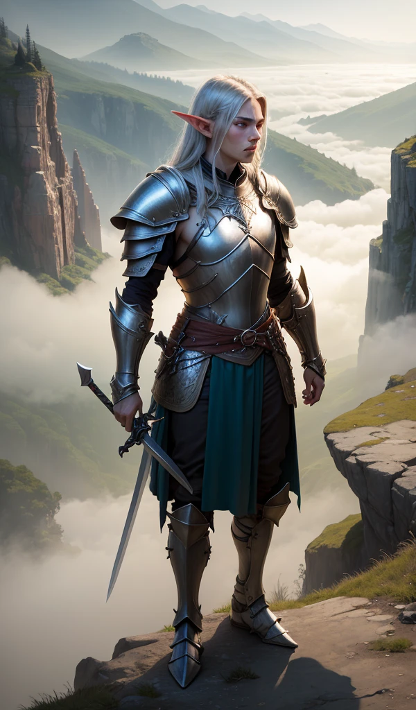 An elven warrior with silver armor and a glowing sword, standing on a cliff overlooking a misty valley.
