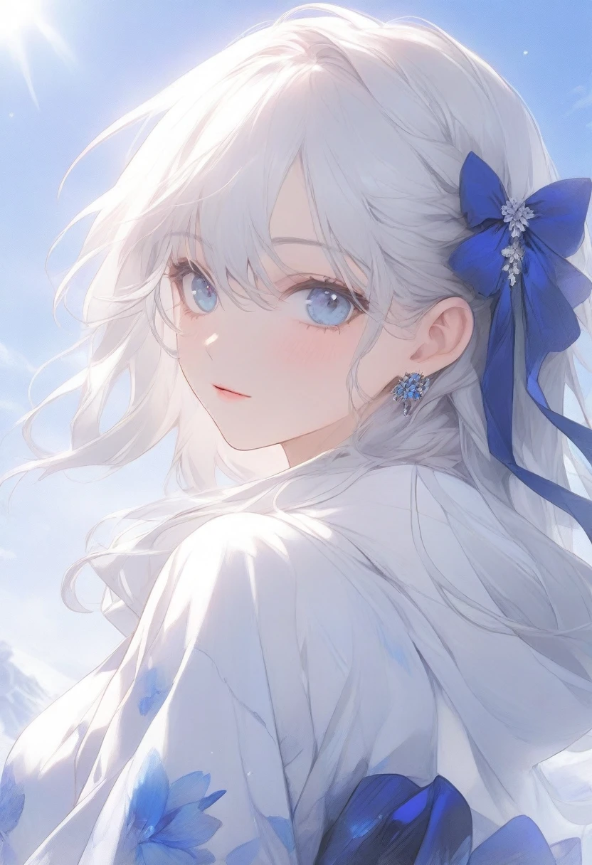 A girl with white hair and blue eyes with an aesthetic built looking at the viewer