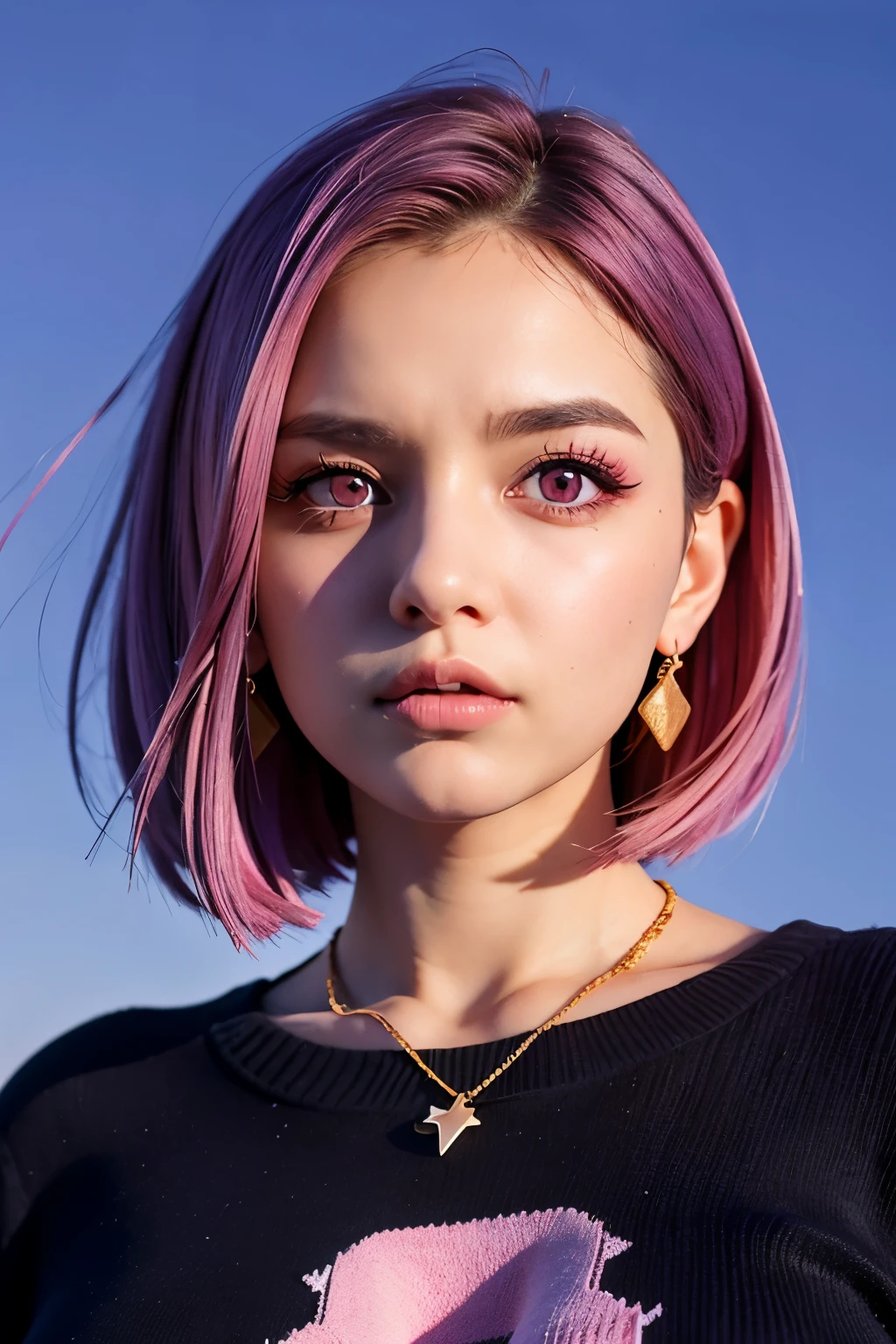 score_9, score_8_up, score_7_up, , beautiful and aesthetic:1.2, 1girl, beautiful, high detailed, purple hair with a hint of pink, pink eyes, dark lighting, serious face, looking the sky, sky, medium shot, black sweater, jewelry, realistic, photo