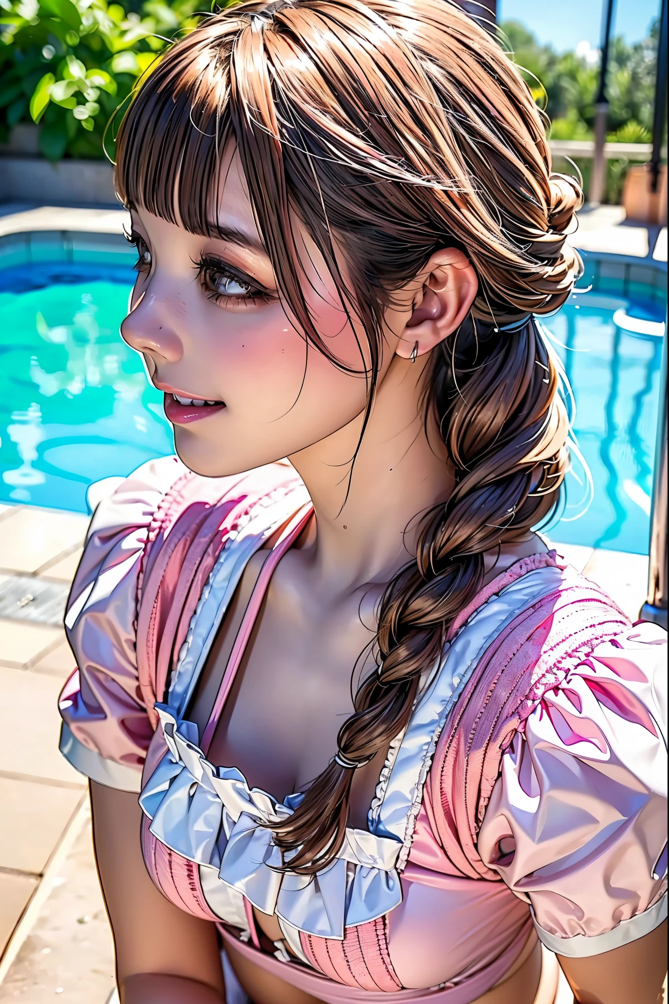 Realistic, masterpiece, Highest quality, Highest Resolution, High Detail, Soft Light, Professional Lighting, Backlight, Film Grain, The background is blurred, Japanese schoolgirl, (The subject was photographed from below, profile:1.3), 16 years old, Laughing happily, Open your mouth, Beautiful and detailed eye drawing, (Droopy eyes:1.3), Dark Eyes, Thin eyebrows, Draw eyelashes carefully, Eyelash extensions, Gal Makeup, Orange Cheek,  (White brown braids,Short Hair, middle part:1.3), (Hidden eyelid wrinkles:1.3), (A cute swimsuit with pink frills made of latex material:1.3), (Poolside under the blazing sun:1.3)