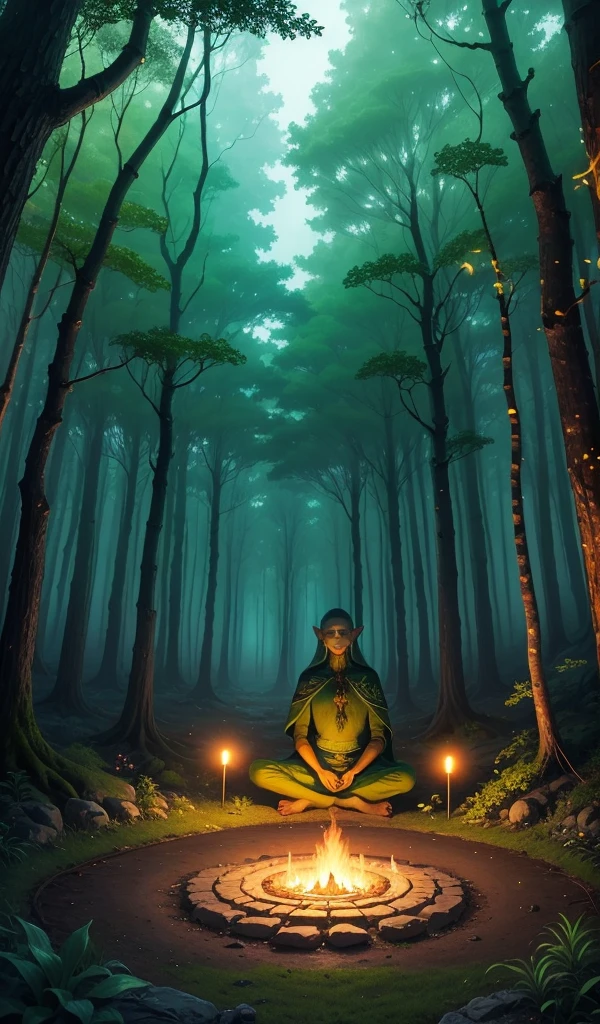 A serene forest glade illuminated by bioluminescent plants and fireflies, with an elven mage meditating in the center.