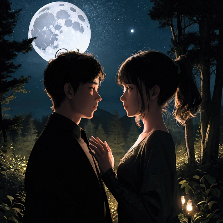 1girl, 1boy, face to face, hill, forest, moon, night, silhouette, betterhand