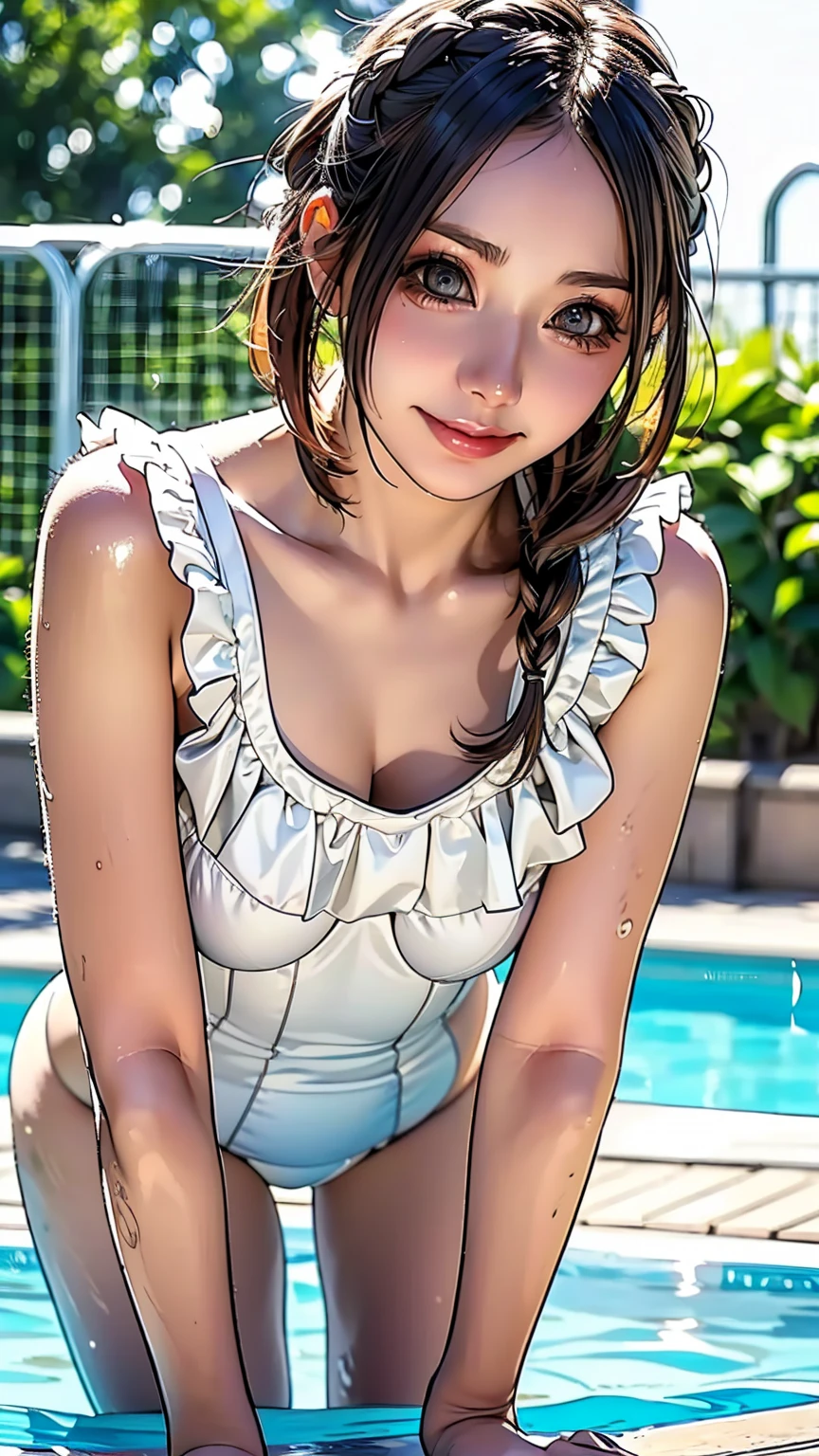 Realistic, masterpiece, Highest quality, Highest Resolution, High Detail, Soft Light, Professional Lighting, Backlight, Film Grain, The background is blurred, Japanese schoolgirl, (被写体はShooting from belowされた, The subject does not look at the camera:1.3), 16 years old, Lower body photo, Shooting from below, Looks sleepy, inattention, Grinning, Open your mouth, Beautiful and detailed eye drawing, (Droopy eyes:1.3), Dark Eyes, Thin eyebrows, Draw eyelashes carefully, Eyelash extensions, Gal Makeup, Orange Cheek,  (White brown braids,Short Hair, middle part:1.3), (Hidden eyelid wrinkles:1.3), (A cute swimsuit with shiny frills:1.3), (Poolside under the blazing sun:1.3)