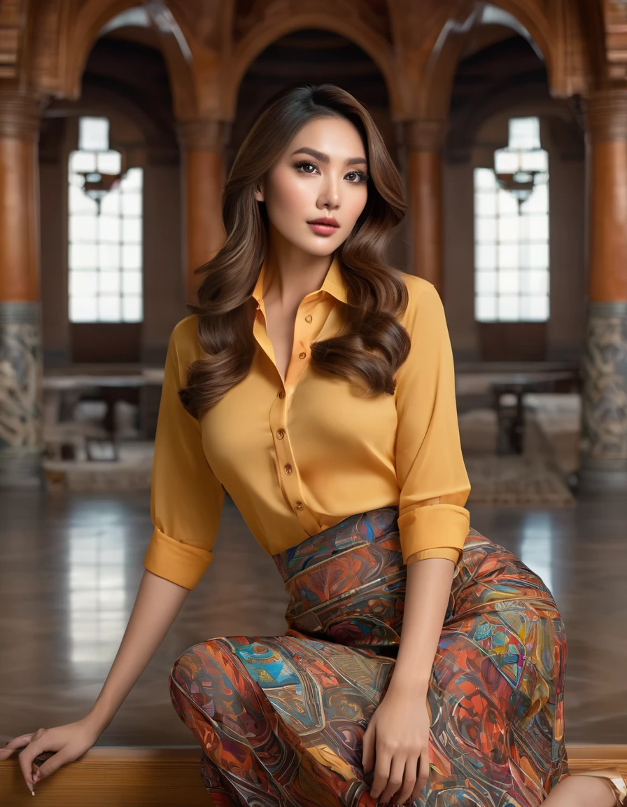 (Highest quality、Ultra-high resolution)、(Full Body Portrait)、(colored shirt with collar:1.1)、(Geometric pattern long skirt:1.3)、(silk pantyhose)、High heels、(Sitting with legs crossed)、1 girl、with long brown hair,(Large Breastodern architecture in the background、(((Perfect Anatomy, Perfect body, Perfect hands,boobs Perfect Face, Perfect Eyes, Accurate, Anatomically correct))), Perfectly clear and sharp focus, Highest quality、Ultra-high resolution, masterpiece, Ultra-realistic、Professional Lighting
