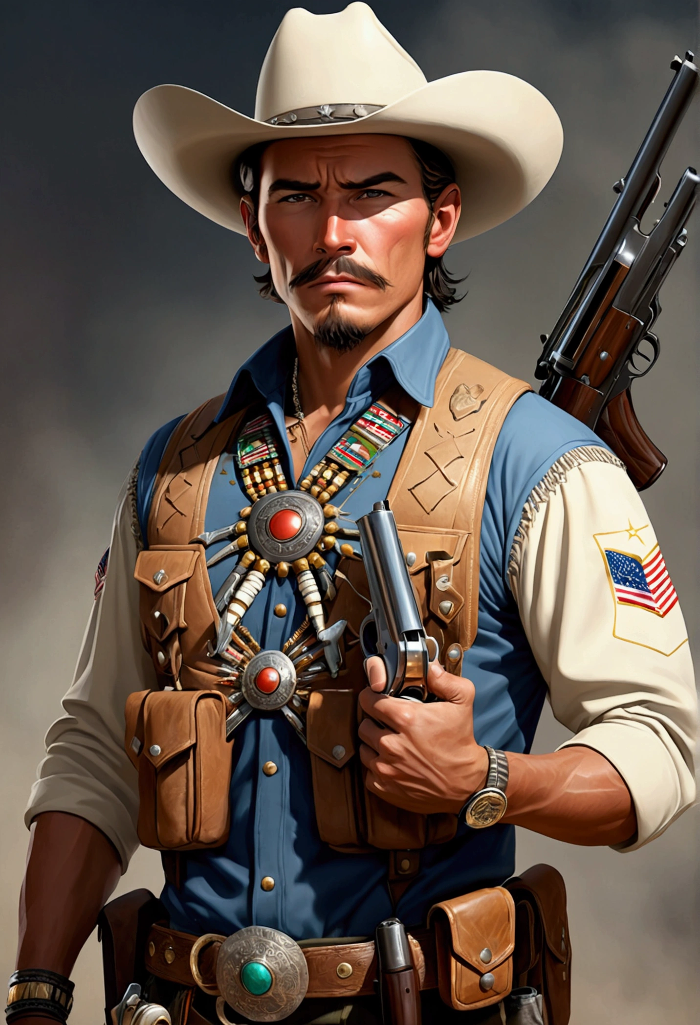 A Texas cowboy with 2 guns in each hand, your ammunition at your sides, with the bullets tied to his chest crossed.military,Soldier,rebulutionary,Mexican