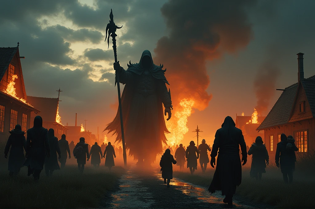 A cinematic, epic scene of a dark army led by a Dark Lord invading a village at dusk. The sky is filled with dark clouds and smoke from burning buildings. The Dark Lord, towering and menacing, wields a staff emitting dark energy. The army includes shadowy figures and various monstrous creatures wreaking havoc. Villagers are fleeing in terror, some carrying children or belongings. Fires blaze throughout the village, adding to the chaos. Focus on dynamic motion, dark magic, and the intense, apocalyptic atmosphere.