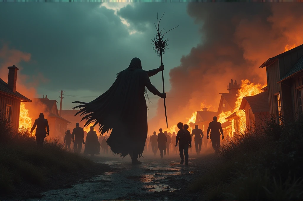 A cinematic, epic scene of a dark army led by a Dark Lord invading a village at dusk. The sky is filled with dark clouds and smoke from burning buildings. The Dark Lord, towering and menacing, wields a staff emitting dark energy. The army includes shadowy figures and various monstrous creatures wreaking havoc. Villagers are fleeing in terror, some carrying children or belongings. Fires blaze throughout the village, adding to the chaos. Focus on dynamic motion, dark magic, and the intense, apocalyptic atmosphere.