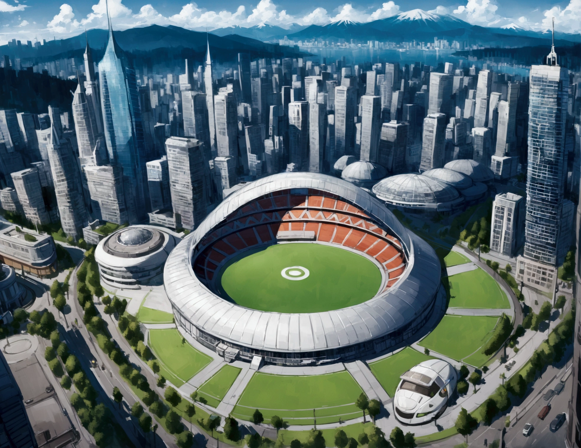 Vancouver Canada, Pokemon, Glass Buildings, Large Domed stadium with retractable roof, Pokemon Center, skyline of vancouver, dystopian, dark, cyberpunked