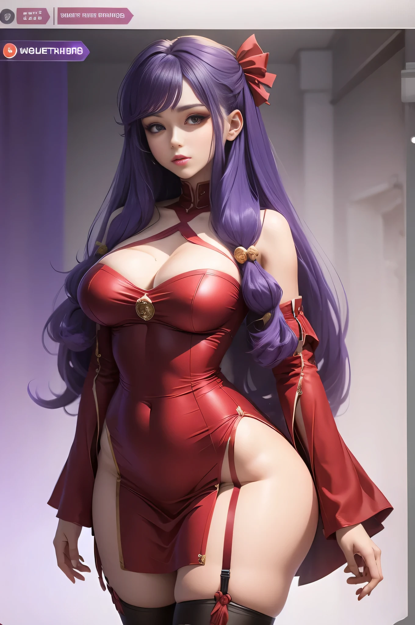 Beautiful shampoo with purple hair from head to toe., big breasts and big hips with garters, red dress that shows half of the breasts and half of the vagina in the background, a fourth player who is very close to the screen
