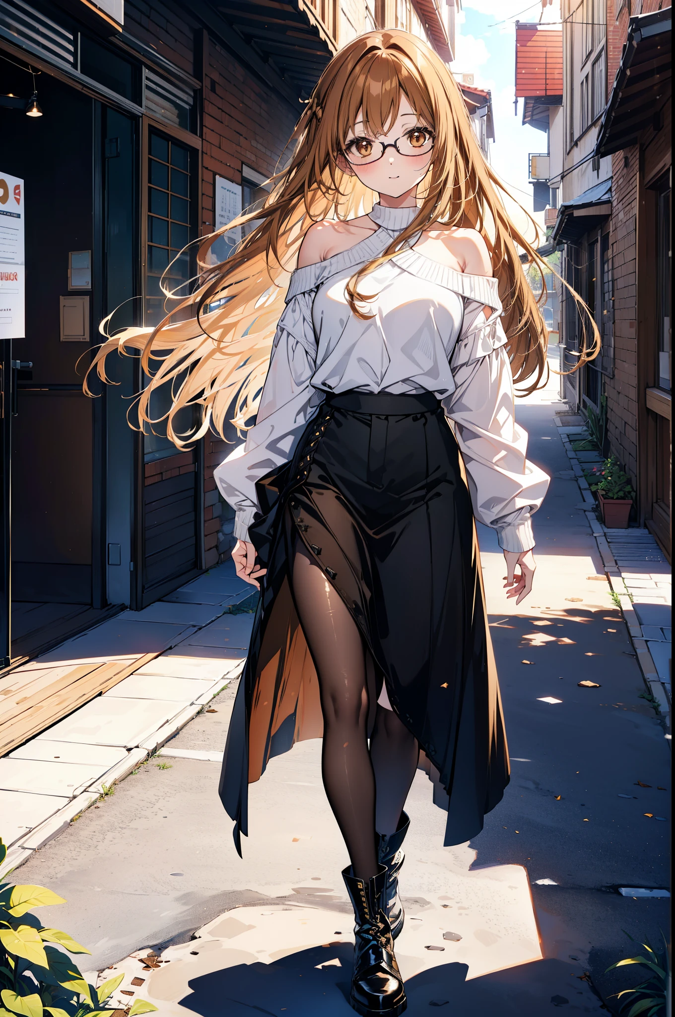 a sun ayuuki, a sun a yuuki, Long Hair, Brown Hair, (Brown eyes:1.8),smile,blush,Long braids,Black-rimmed glasses,Red one-shoulder sweater,Long skirt,Black pantyhose,short boots,Daytime,Clear skies,Walking,whole bodyがイラストに入るように,
break outdoors, Building district,
break looking at viewer, whole body,
break (masterpiece:1.2), Highest quality, High resolution, unity 8k wallpaper, (figure:0.8), (Beautiful attention to detail:1.6), Highly detailed face, Perfect lighting, Highly detailed CG, (Perfect hands, Perfect Anatomy),