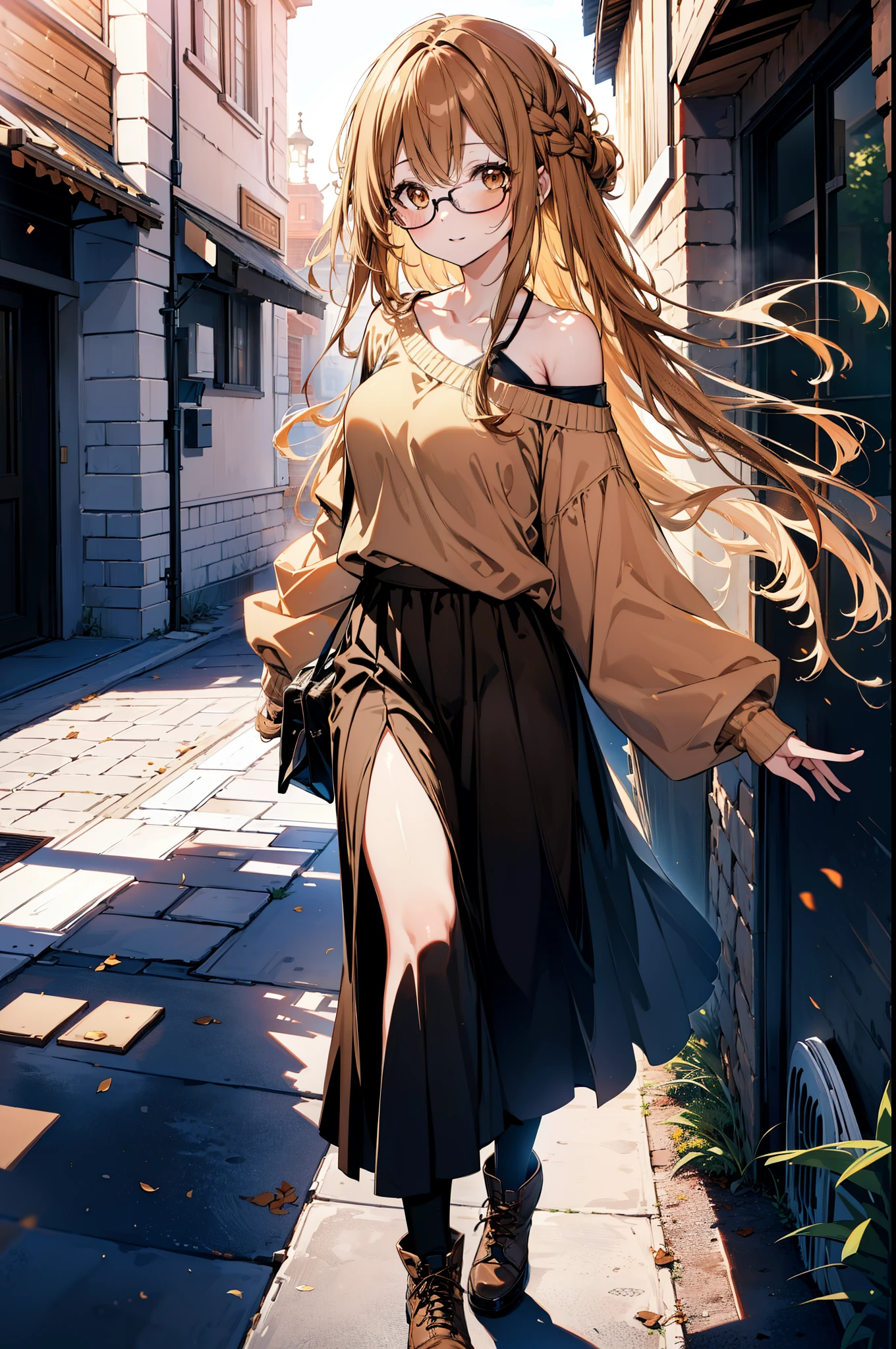 a sun ayuuki, a sun a yuuki, Long Hair, Brown Hair, (Brown eyes:1.8),smile,blush,Long braids,Black-rimmed glasses,Red one-shoulder sweater,Long skirt,Black pantyhose,short boots,Daytime,Clear skies,Walking,whole bodyがイラストに入るように,
break outdoors, Building district,
break looking at viewer, whole body,
break (masterpiece:1.2), Highest quality, High resolution, unity 8k wallpaper, (figure:0.8), (Beautiful attention to detail:1.6), Highly detailed face, Perfect lighting, Highly detailed CG, (Perfect hands, Perfect Anatomy),