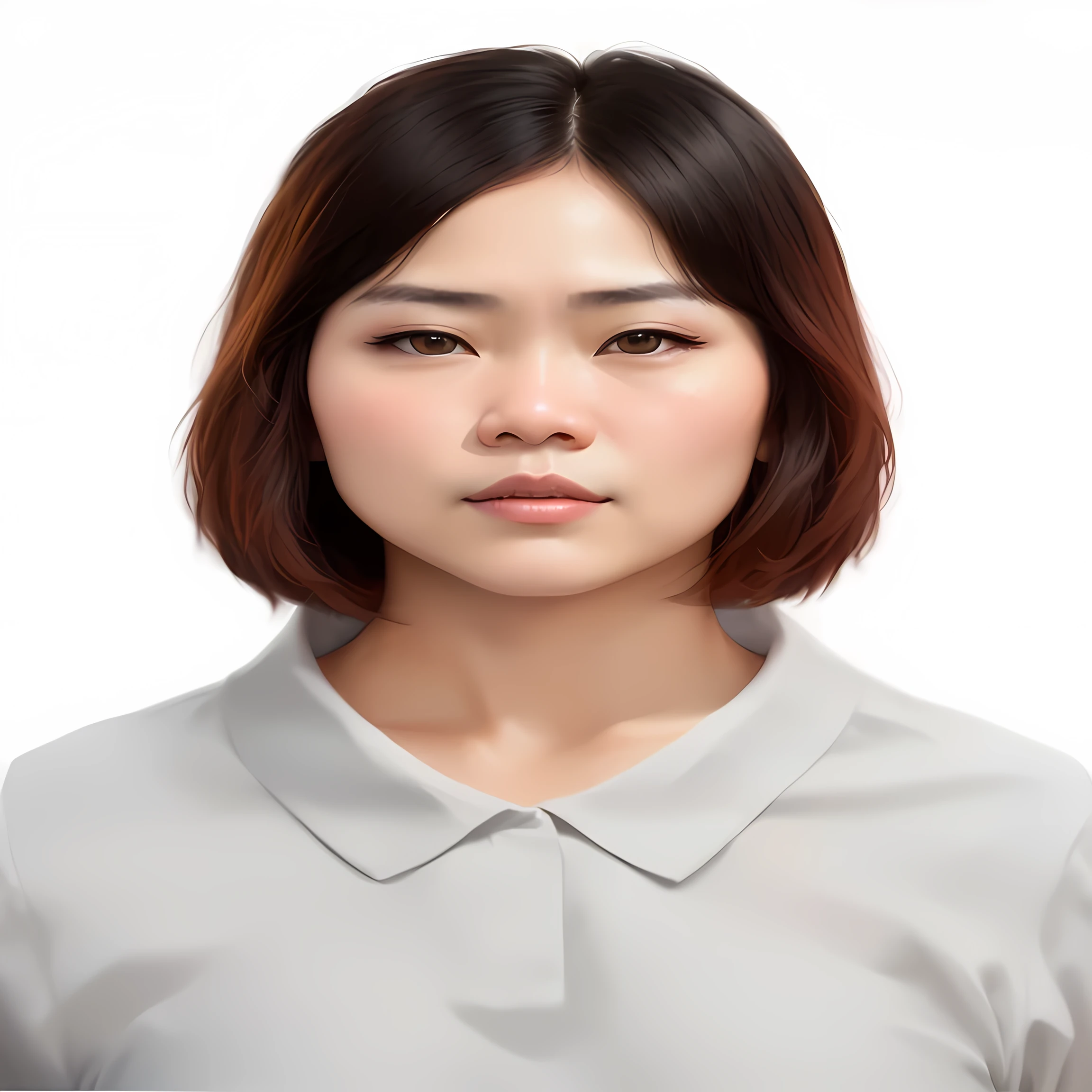 There was a woman with short hair and a gray shirt., Southeast Asians with round faces, realistic studio images, digital portrait, woman&#39;s face, Realistic facial expressions, digital image, realistic image of woman, photorealistic photo, Face image, Digital oil on canvas, rendering of close up portrait, photorealistic, half body portrait, การวาดdigital image