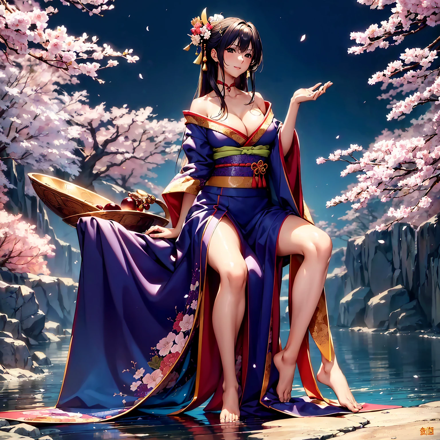 (((Highest quality、masterpiece、Highly detailed images,Very high resolution)))、(A woman of perfect and ultimate beauty:18-year-old,Beautiful Face:smile、Beautiful Hair:Japan hair ornament、Beautiful body:Slender and beautiful breasts、Best skin and hair texture)、(Beautiful Japanese Kimono:Japanese patterns and colors:The sleeves and obi of the kimono are long,Shoulders are exposed,I can see her cleavage,I can see your thighs,whole body),Mystical Waterfront:There are beautiful cherry blossoms and waterfalls,Wonderful night sky and beautiful full moon,Beautiful views,Beautiful colors、Beauty Painting,((Beautiful pose,Various angle model shooting)),Overall image、Accurate anatomy:1.2、Accurate Images:1.2、Highly detailed images、Perfect image、Flawless images、Natural soft light、Beautiful images、(Best Shot,RAW Photos)
