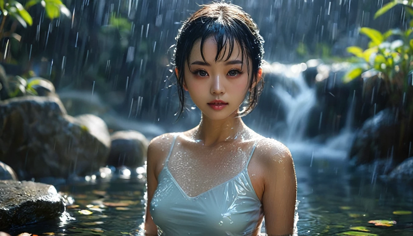 Top Quality, Masterpiece, High Resolution, 8k, wide objective, full body shot, ((cute Asian girl in a onsen, wet see-through blouse, short pixie asymmetrical hair, small perky breasts, beautiful detailed eyes, beautiful detailed lips, extremely detailed face, no lipstick, no makeup, at night, dim light))