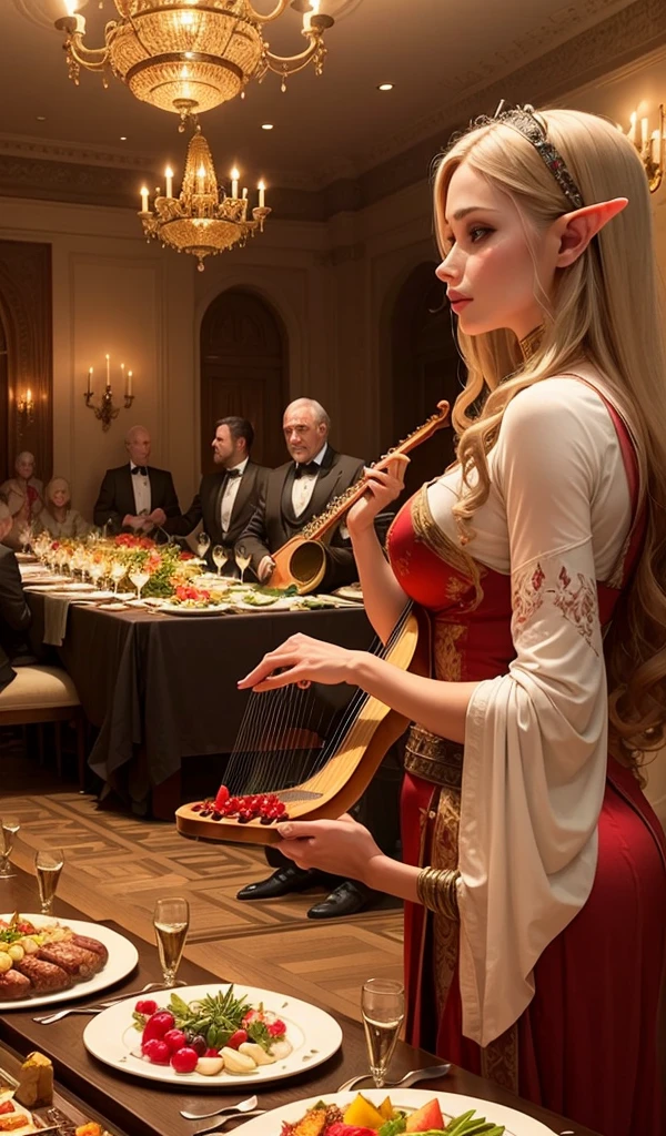 A grand elven banquet with long tables filled with exotic fruits, elegant dishes, and elven musicians playing harps.
