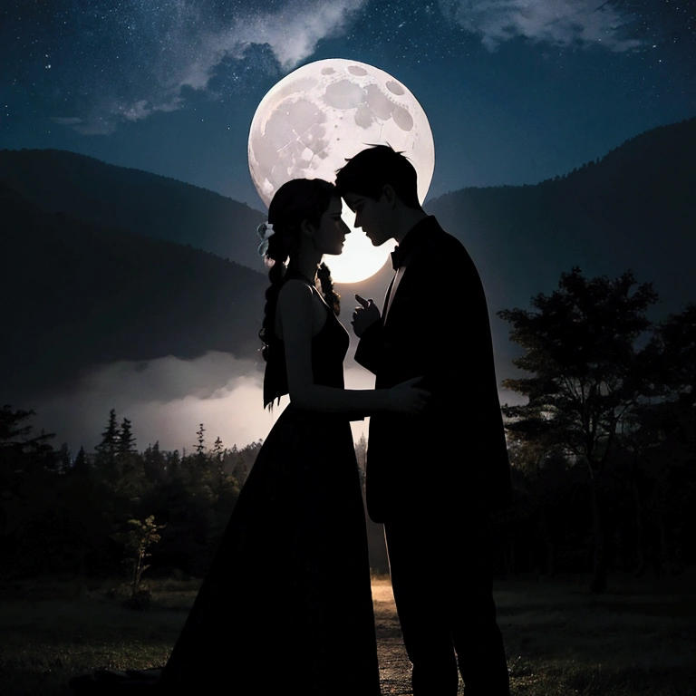 1girl, 1boy, face to face, hill, forest, moon, night, silhouette, betterhand