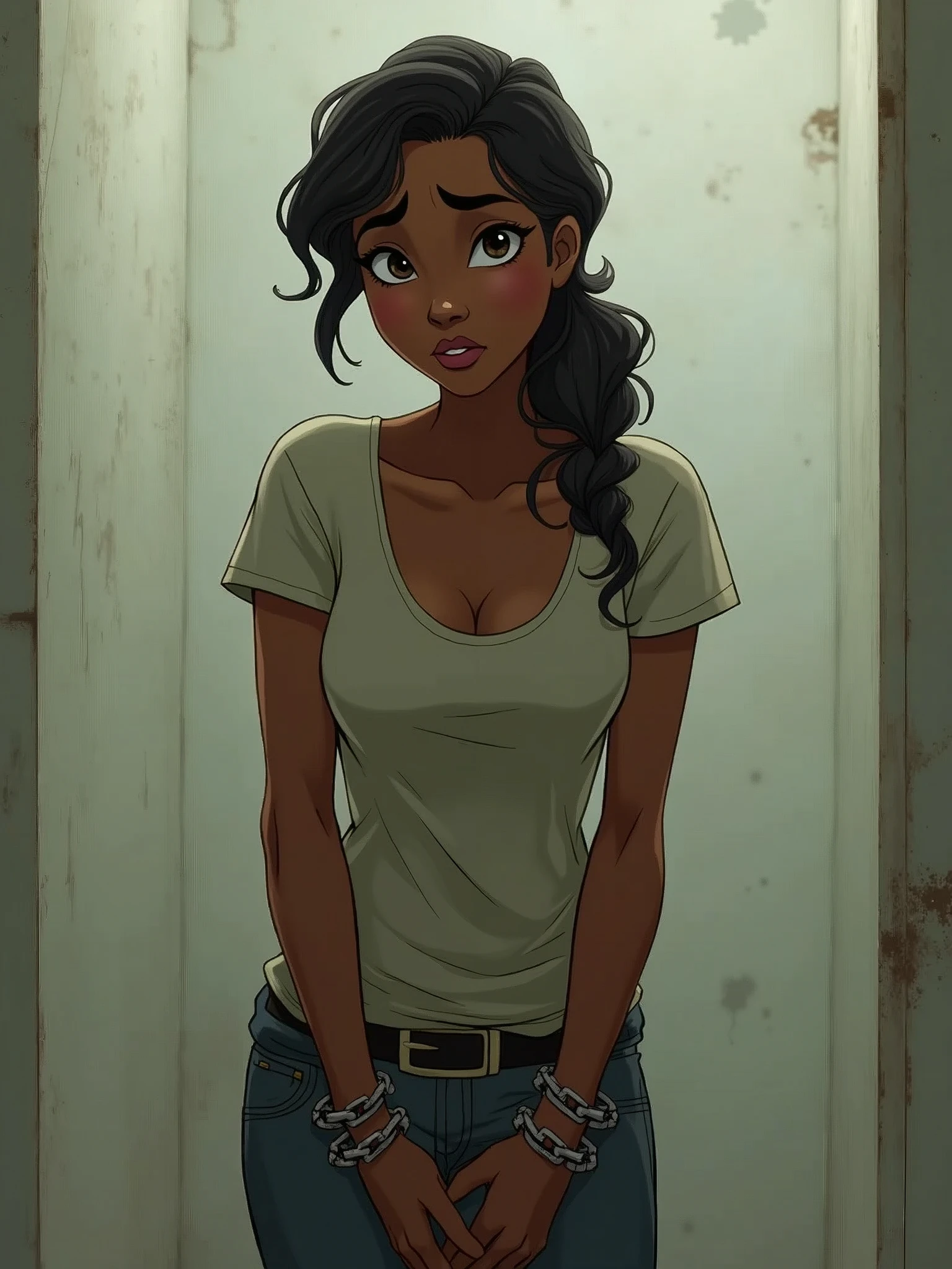 Princess Tiana in chains, as a captive, casual clothes, simple look, white wallpaper, regular person, high quality