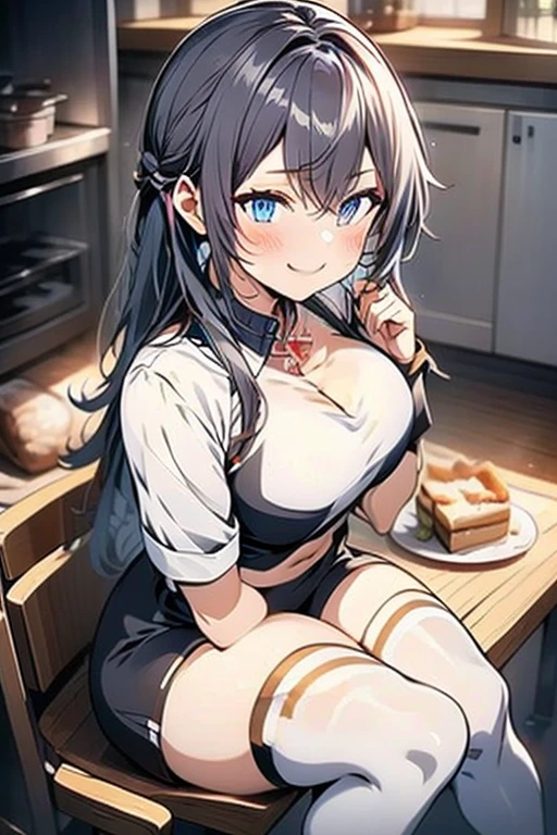 (dynamic angle:1.3, front view:1.1, breast focus:1.3, from above:1.1), (dynamic posing:1.2, sexy posing:1.2), (seductive smiling:1.3), ((looking at cake,Taking a cake out of the golden oven, worried about the outcome:1.2)),highest quality、(real、photorealistic:1.4),(ultra high resolution, 8K RAW photo, clear focus), best qualtiy, natural lighting, field depth, (Bright pupils, detailed beautiful eyes, high detailed face), Red lip, (tight focus:1.2), a girl 22yo old, Wearing a pastry chef uniform:1.3 , Thicc, thin breast, long hair, blue eyes,garter stocking, cleavage:1.2, midriff, black shorts, black thighhighs, thigh strap, pretty girl, (highly detailed beautiful face and eyes,firm breasts),real skin,((black,hair,long pony tail hair)),thin pubic hair,cute,lovely, detailed eyes,(double breasted:1.0,under bust:1.0),(with sparkling eyes and a contagious smile),open mouth, Looking at Viewer,A scene of cooking in the kitchen,looking at the golden oven