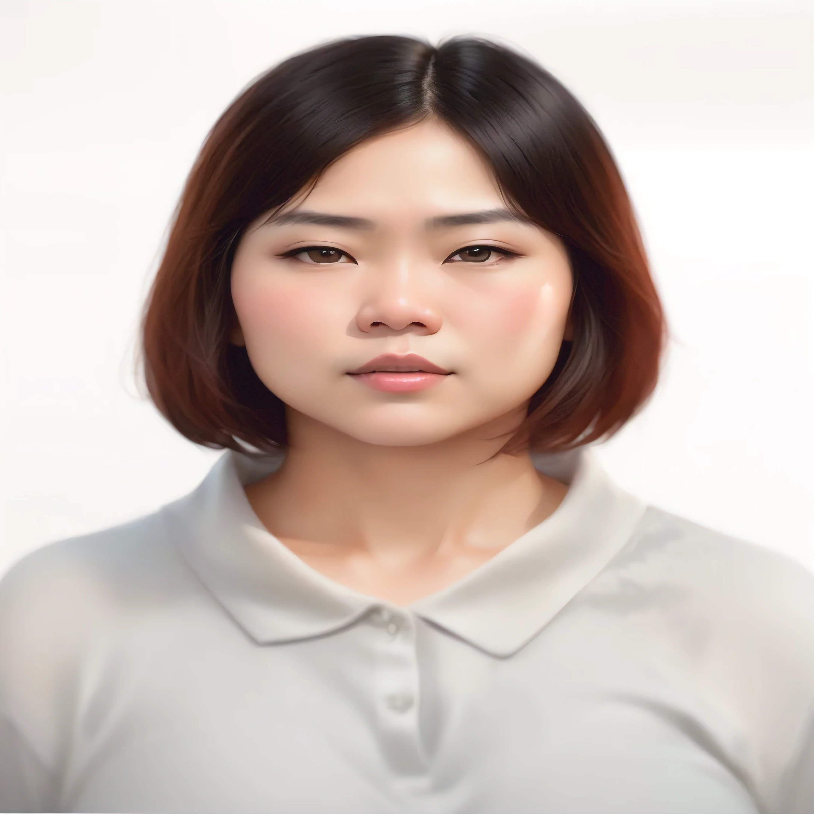 There was a woman with short hair and a gray shirt., Southeast Asians with round faces, realistic studio images, digital portrait, woman's face, Realistic facial expressions, digital image, realistic image of woman, photorealistic photo, Face image, Digital oil on canvas, rendering of close up portrait, photorealistic, half body portrait, การวาดdigital image