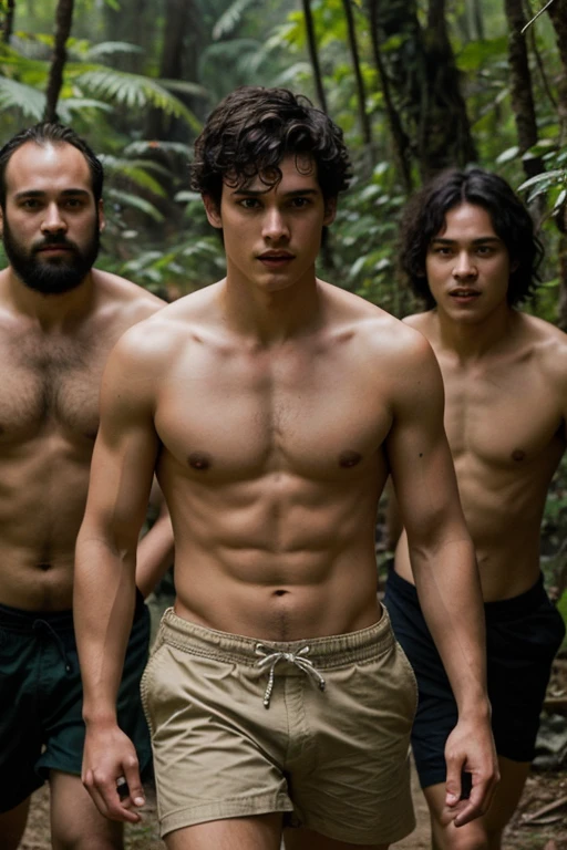 young cute handsome cute beautiful face soft skin skinny short hair shirtless in a jungle chased by three ugly ogre men 