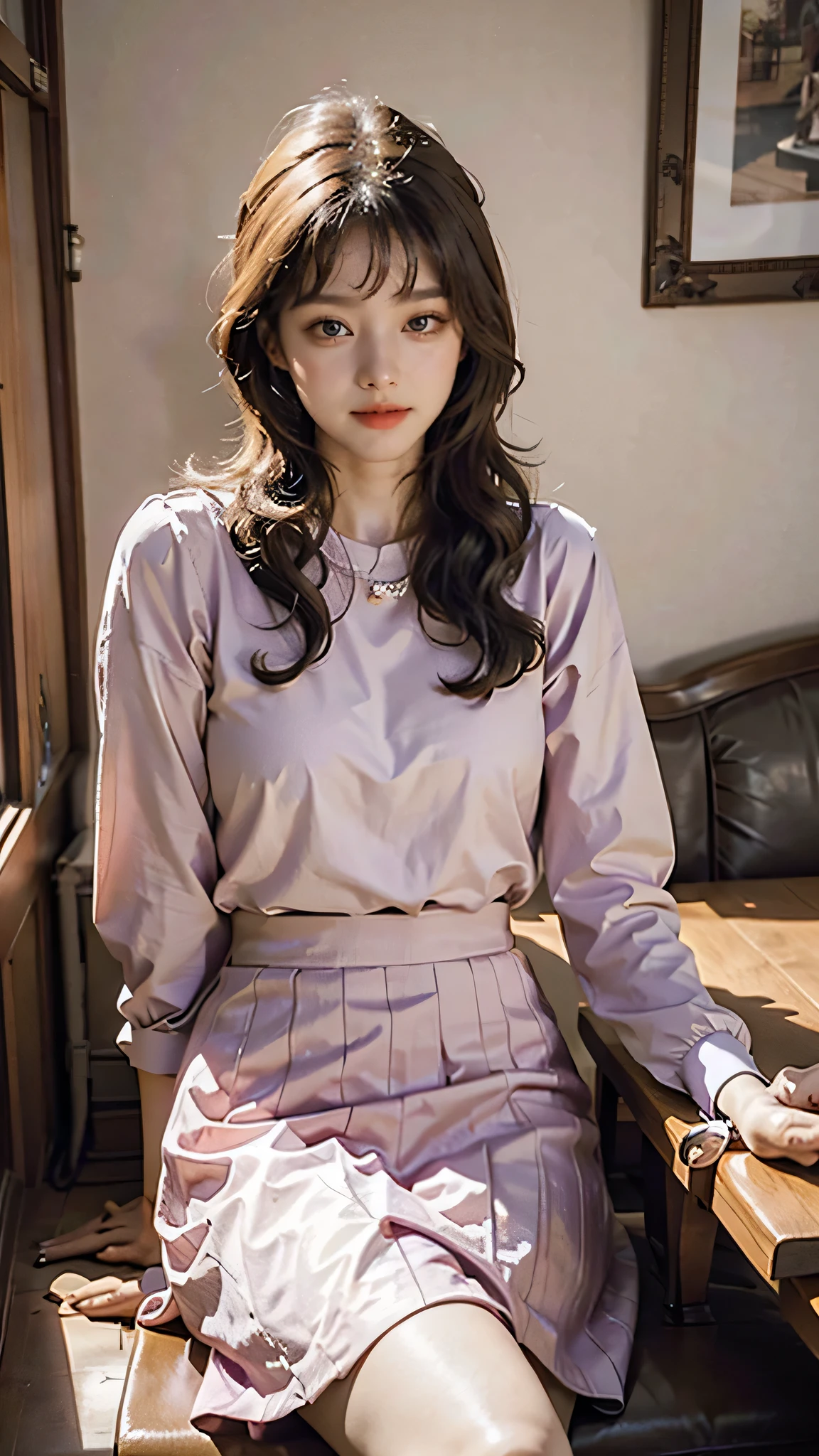 detailed background, masterpiece, best quality, 1 person , curly hair, long hair, purple eyes, star in eye, pink blouse, long skirt, sitting on dinning table.