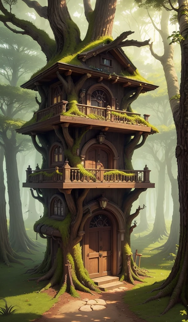 A hidden elven library with shelves carved into tree trunks, filled with ancient scrolls and magical artifacts.