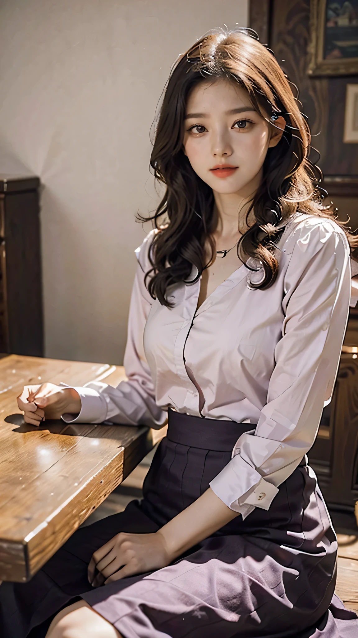 detailed background, masterpiece, best quality, 1 person , curly hair, long hair, purple eyes, star in eye, pink blouse, long skirt, sitting on dinning table.