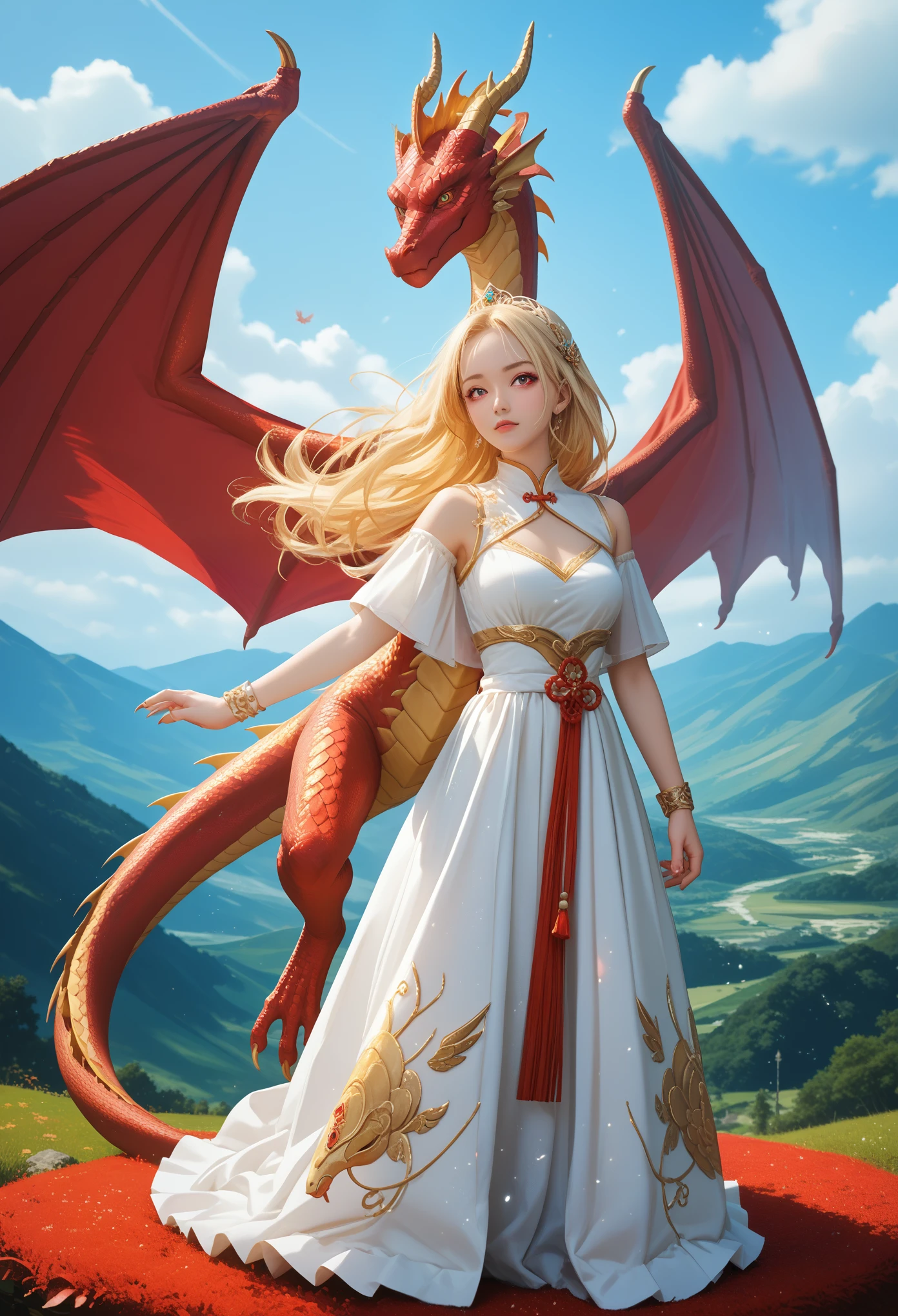 anime girl (blonde hair, in a long dress),Chinese dragon,zavy-chnsdrgn (One, Golden Dragon with Five Claws, Two wings),Flying across the sky Clear rendering of details,Majestic view,Captivating beauty,masterpiece,Mystical Glitter,Pleasant atmosphere,wallpaper,Detail Maximum,4k,cinematic film still,score_9,score_8_up,score_7_up,masterpiece,best quality,8k,source_cartoon,source_アニメ,epic
