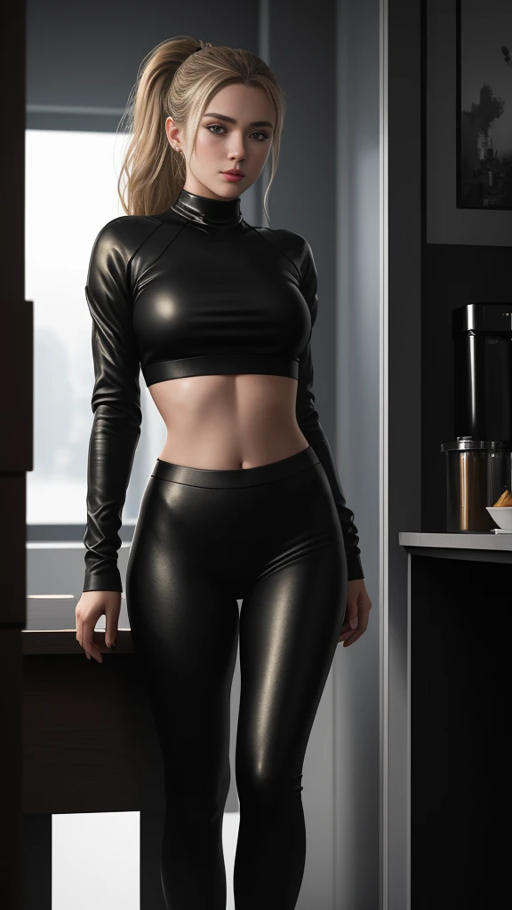 A age girl, mysterious dark blonde, ponytail, wearing a blade runner-style crop top, leans against the counter., hot, gorgeous, full body , perfect light perfect composition Beauty Award winning masterpiece Artstation 8 k Artgerm Mucha Dim Volumetric lighting Octane 18 k Beautiful detail rendering. post processing, portrait, exaggerated detail, complex, grand composition, cinematic lighting, masterpiece, trending art station, high detail, masterpiece, beautiful, 18k , HDR, smooth, sharp focus, high resolution