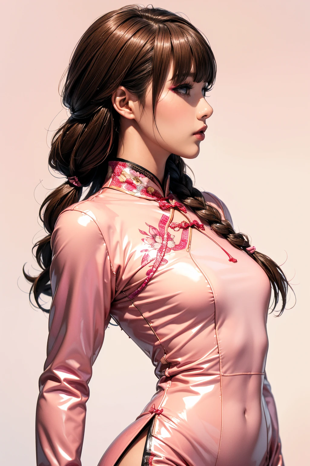 Realistic, masterpiece, Highest quality, Highest Resolution, Anatomically correct, Accurate Anatomy, 7 heads, Height: 165cm, One Japanese woman, A sharp expression with some teeth showing, Profile staring into the distance, Fine and beautiful eyes, Sparkling eyes, Thin eyebrows, Gives lashes a delicate finish, False eyelashes, (Chinese traditional makeup:1.2), (Braided hair, Blunt bangs, Brown Hair:1.2), Detailed face, Sharp Eyes, (Classic pink and white latex cheongsam, Tight-fitting clothing:1.3), Bust up photo, Blank background in warm colors