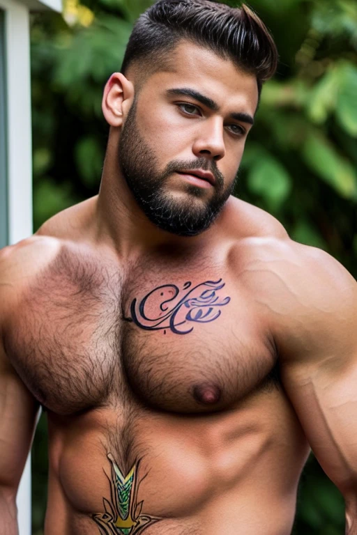 male, brunette, latino muscular, green eyes, Light skin, small beard, hunter eyes, latino in warm vibrant colors, tattoos, muscular, hairy body , 20 years old , a raised arm, brazos super muscular ,beefy fat , big super hairy body , chubby, Profile, Bear gay, chubby, male years, in tight white boxer , Red and Metallic Gold Avengers Logo Print Tank Top,above the house fashion cute pretty, gran nitidez, super nice , cuerpo completo claro, claridad, nitidez, ojos perfectos