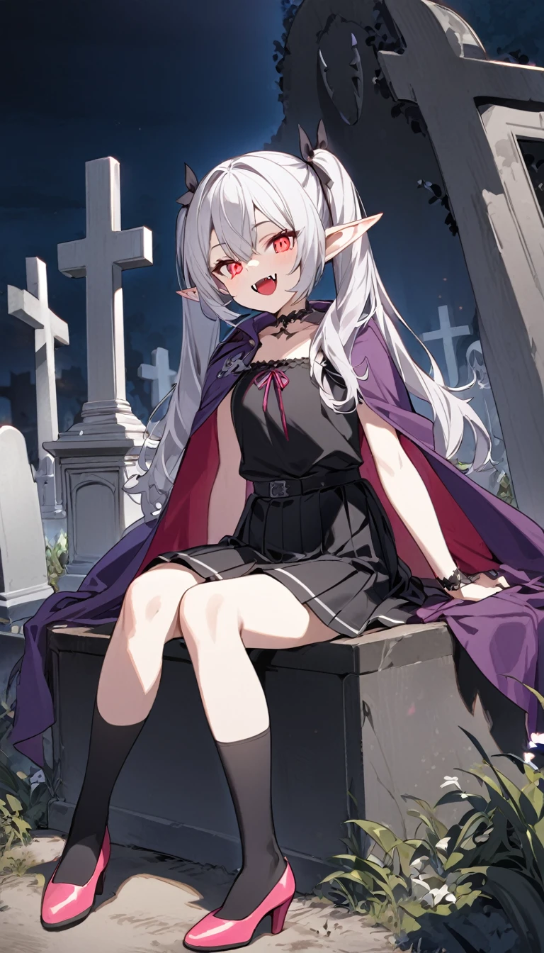 A girl sitting in a Western cemetery at night、Silver Hair、Twin tails、Glowing red eyes、Elf Ears、Fangs of the Beast、smile、Black camisole、Purple Cape、Black box pleats、Black knee socks、Pink heels
