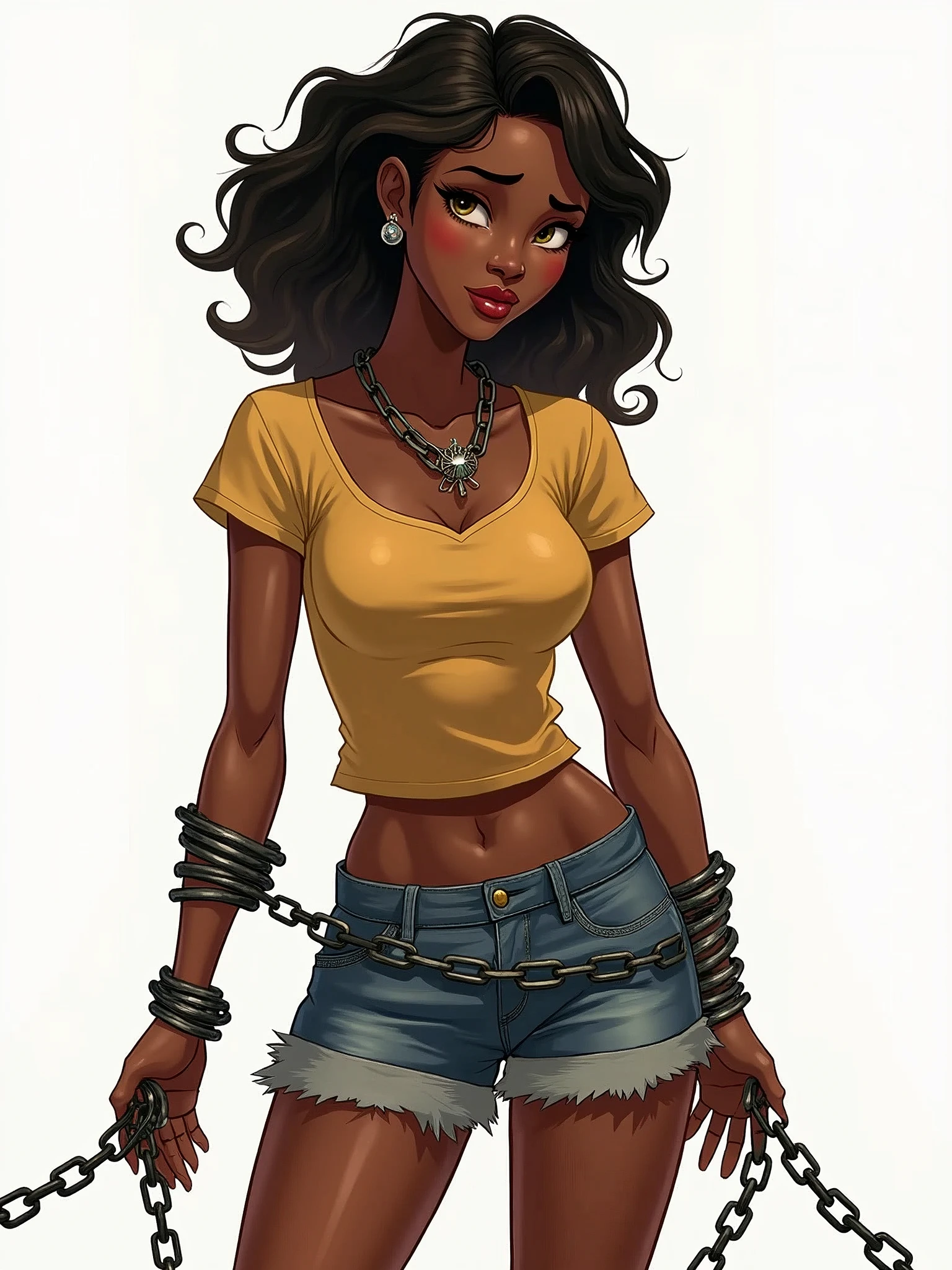 Princess Tiana in chains, as a captive, casual clothes, simple look, white wallpaper, regular person, high quality