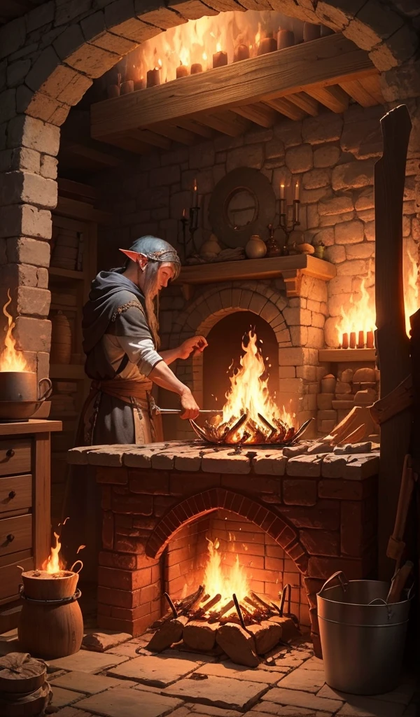 An elven blacksmith forging a magical weapon in a forge surrounded by enchanted flames and floating runes.