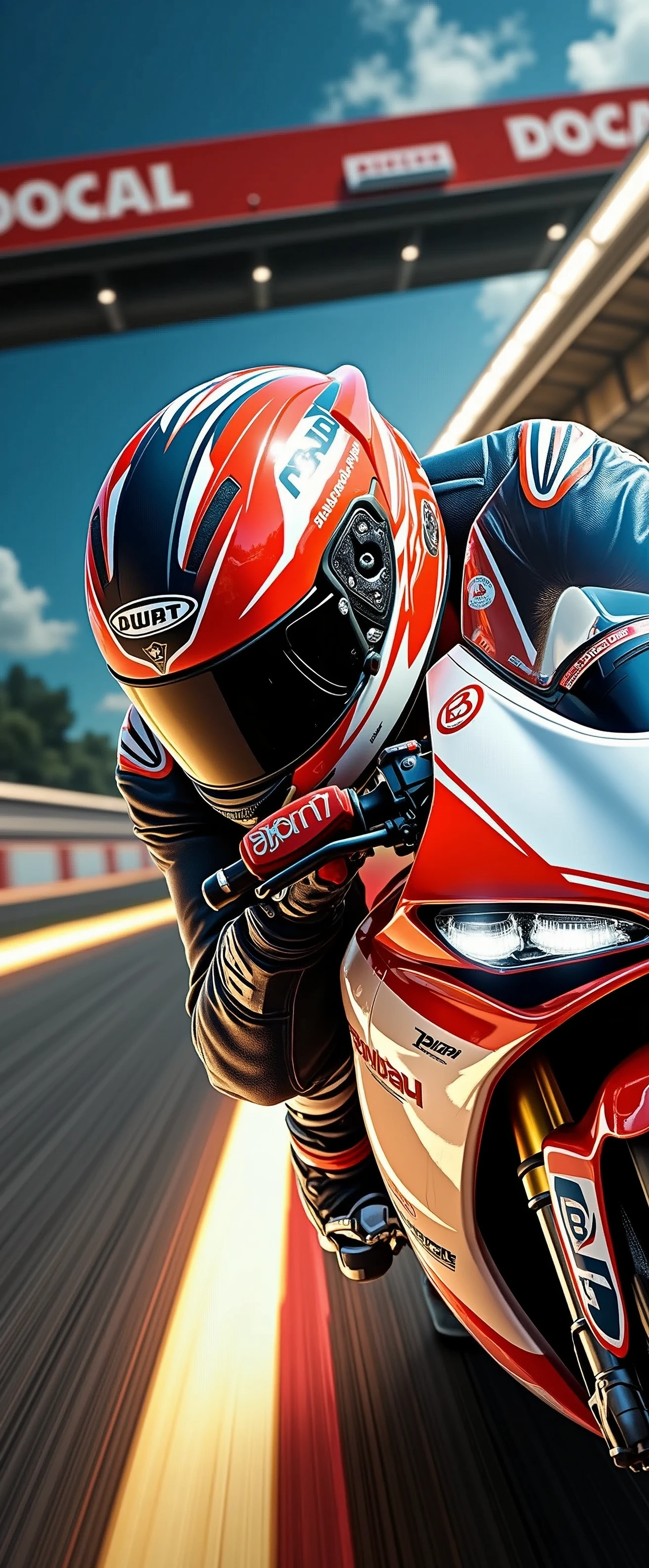 A razor-sharp close-up captures the fiery red Ducati Panigale V4 motorcycle as it roars around the racetrack's curve, the rider's helmet and goggles a blur as they expertly navigate the turn. A brilliant light bathes the scene, casting a warm glow on the bike's sleek design. The composition is clean and modern, with the subject placed centrally in the frame. The photorealistic details of the digital art are stunning, with every texture and reflection meticulously rendered in 4K
