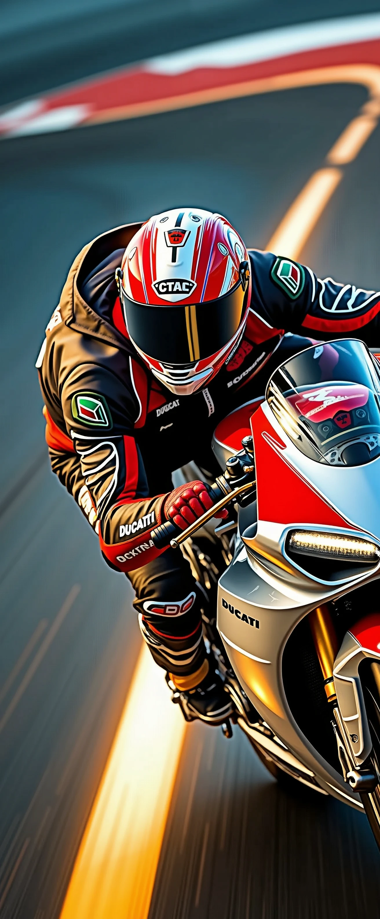 A razor-sharp close-up captures the fiery red Ducati Panigale V4 motorcycle as it roars around the racetrack's curve, the rider's helmet and goggles a blur as they expertly navigate the turn. A brilliant light bathes the scene, casting a warm glow on the bike's sleek design. The composition is clean and modern, with the subject placed centrally in the frame. The photorealistic details of the digital art are stunning, with every texture and reflection meticulously rendered in 4K