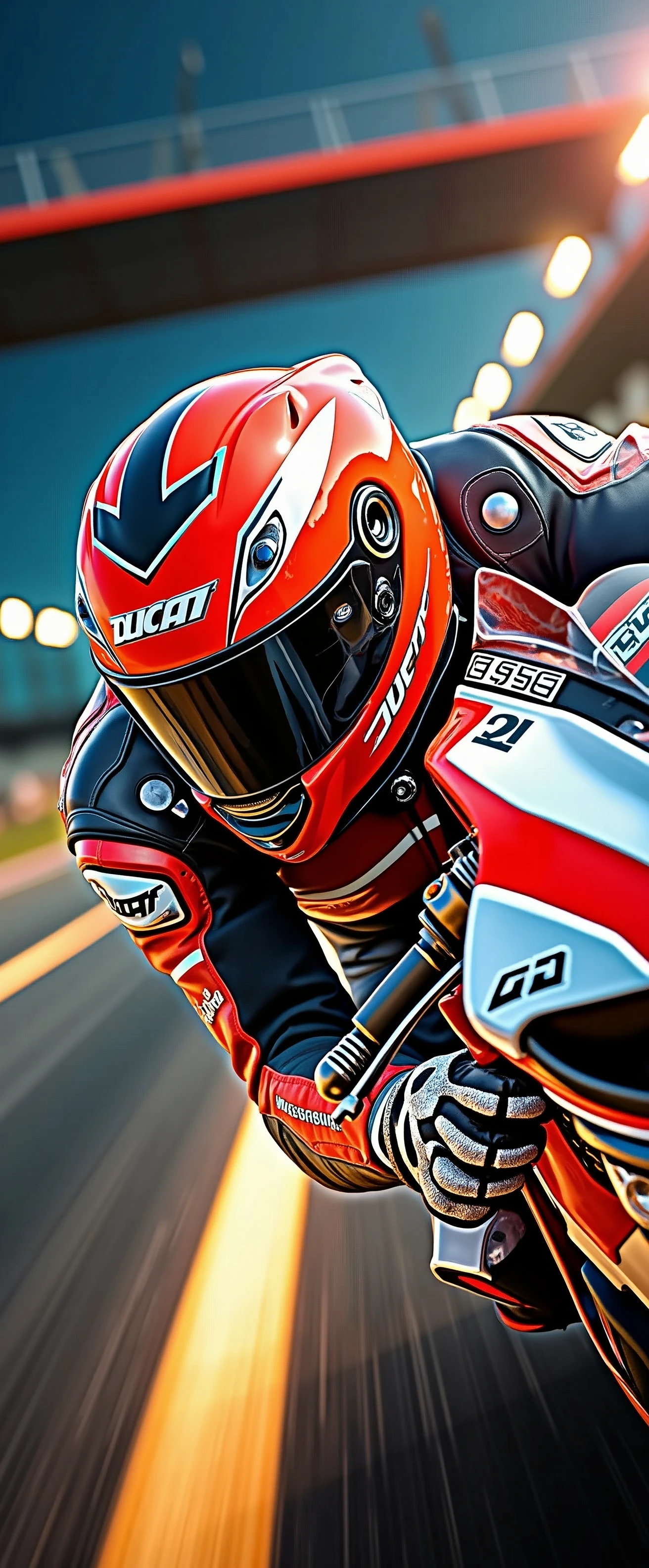 A razor-sharp close-up captures the fiery red Ducati Panigale V4 motorcycle as it roars around the racetrack's curve, the rider's helmet and goggles a blur as they expertly navigate the turn. A brilliant light bathes the scene, casting a warm glow on the bike's sleek design. The composition is clean and modern, with the subject placed centrally in the frame. The photorealistic details of the digital art are stunning, with every texture and reflection meticulously rendered in 4K
