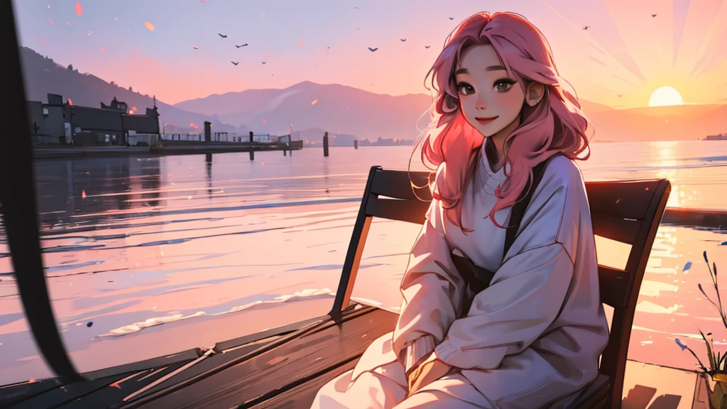 ((masterpiece)),(((bestquality))),((ultra-detailed)) realisticlying, 1 girl, korean woman, with long light pink hair, Beautiful, sit on the chair, wearing a sweater, Beautiful sunset, solo, The sky turns red at morning, Face smile, looking to viewer, white rose, outdoor.