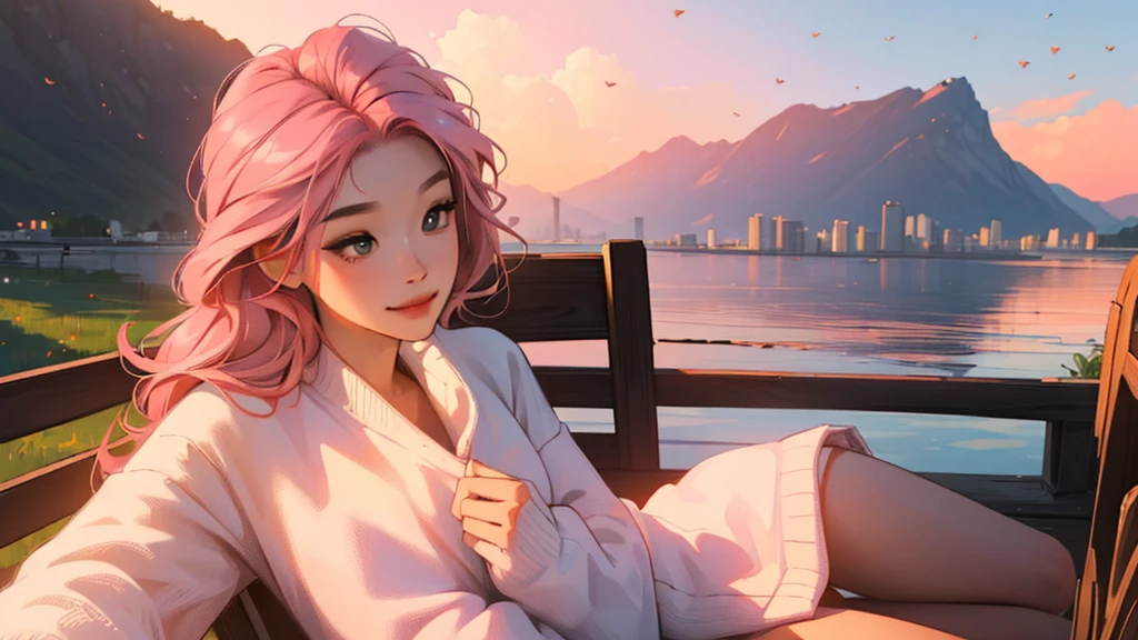 ((masterpiece)),(((bestquality))),((ultra-detailed)) realisticlying, 1 girl, korean woman, with long light pink hair, Beautiful, sit on the chair, wearing a sweater, Beautiful sunset, solo, The sky turns red at morning, Face smile, looking to viewer, white rose, outdoor.