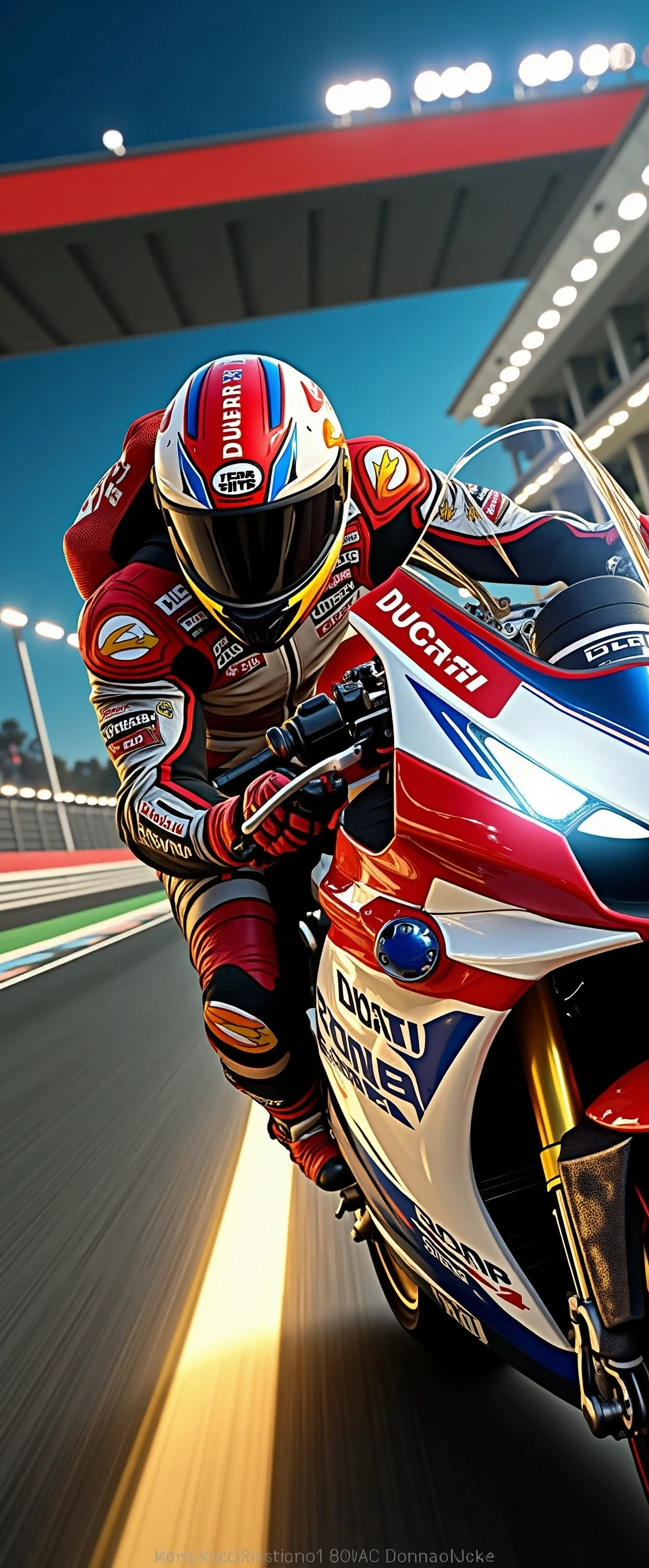 A razor-sharp close-up captures the fiery red Ducati Panigale V4 motorcycle as it roars around the racetrack's curve, the rider's helmet and goggles a blur as they expertly navigate the turn. A brilliant light bathes the scene, casting a warm glow on the bike's sleek design. The composition is clean and modern, with the subject placed centrally in the frame. The photorealistic details of the digital art are stunning, with every texture and reflection meticulously rendered in 4K
