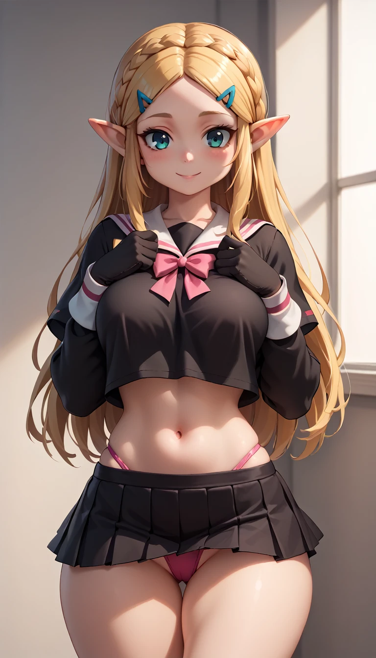 High resolution, Very detailed, perfect lighting, beautiful detailed eyes, ((masterpiece,Best Quality)), absurdities, alone, princess zelda, by the width, crown braid, Hair clip, pointy ears, Gloves without fingers, black gloves, smile, curves, nod, , deep neckline, deep neckline, black school uniform with white details,short skirt, visible underwear, pink thong, black uniform, black shirt with pink bow, touching her breasts in a sexy way, close up