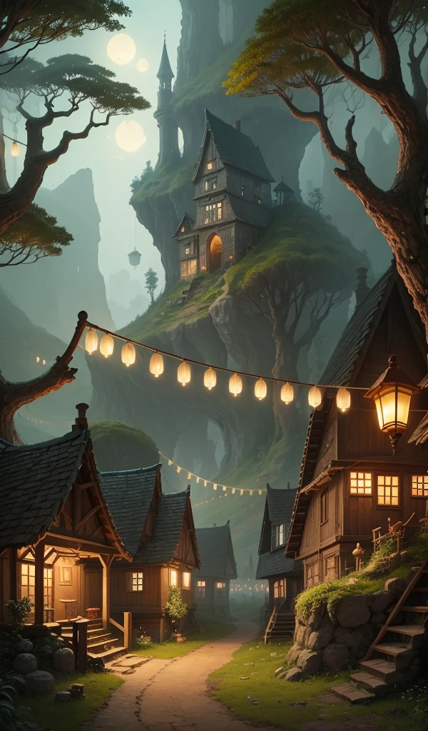 A tranquil elven village with cottages built into the trees, connected by rope bridges and lit by lanterns.