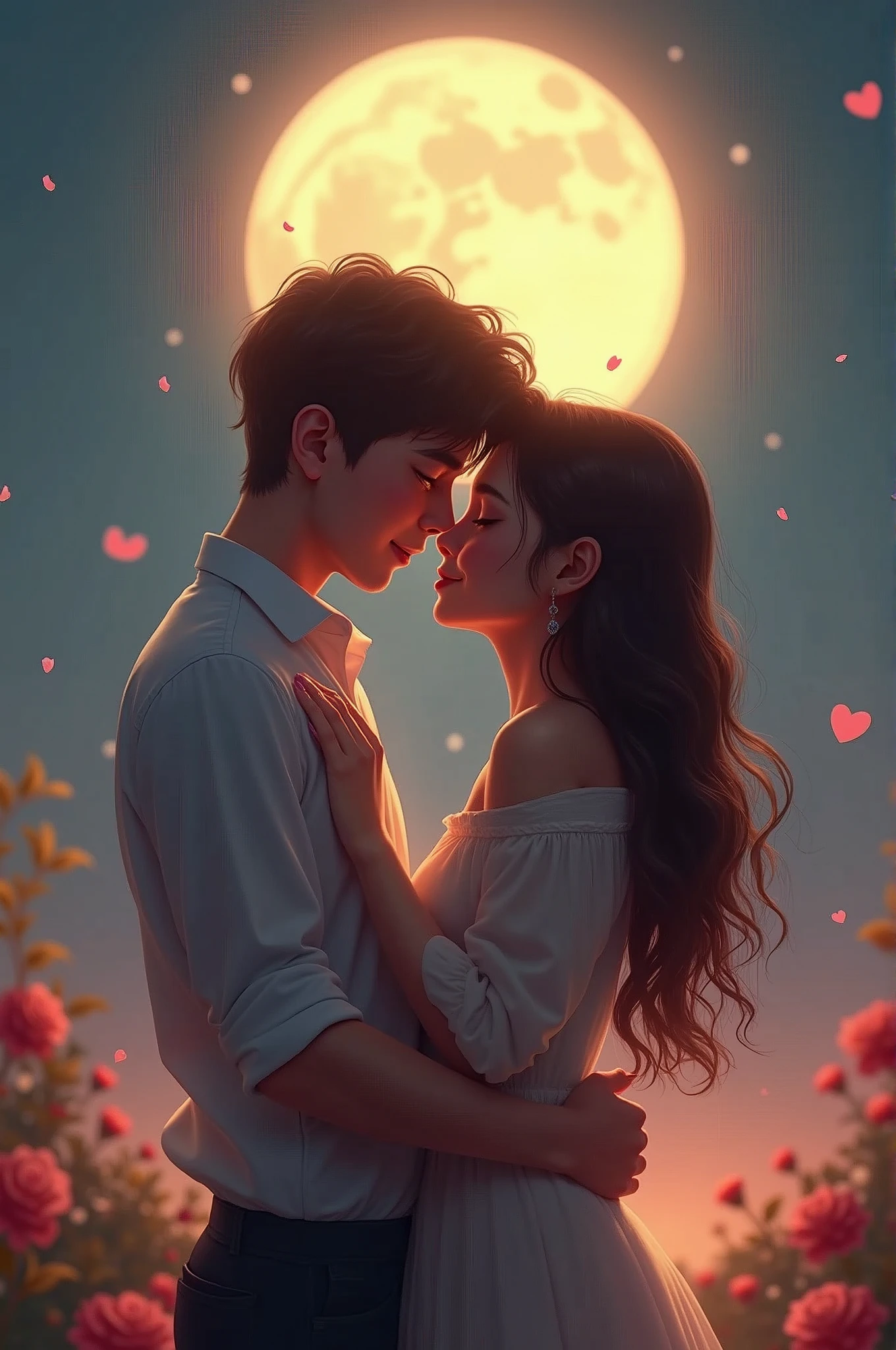 moonlit confession, happiness, tears of joy, romantic, cinematic, wes anderson style