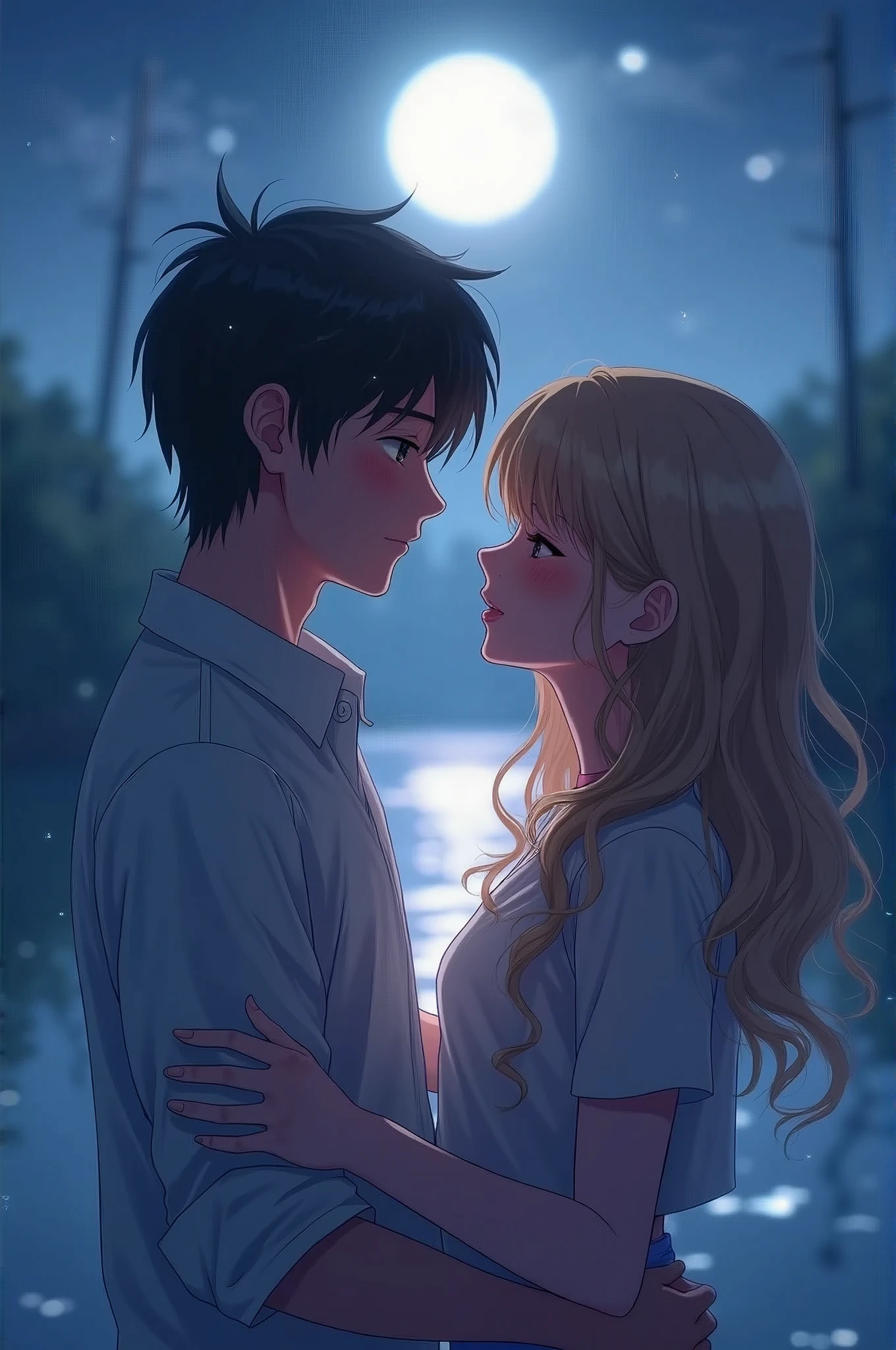 moonlit confession, happiness, tears of joy, romantic, cinematic, wes anderson style