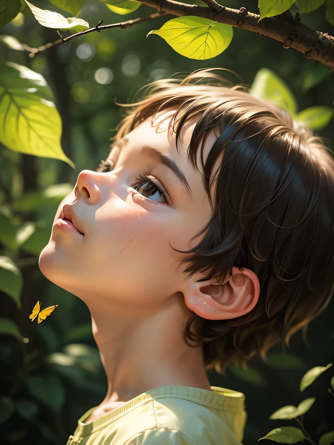 Hopeful face, boy about 5 , profile, butterfly net, looking up at bright forest tree