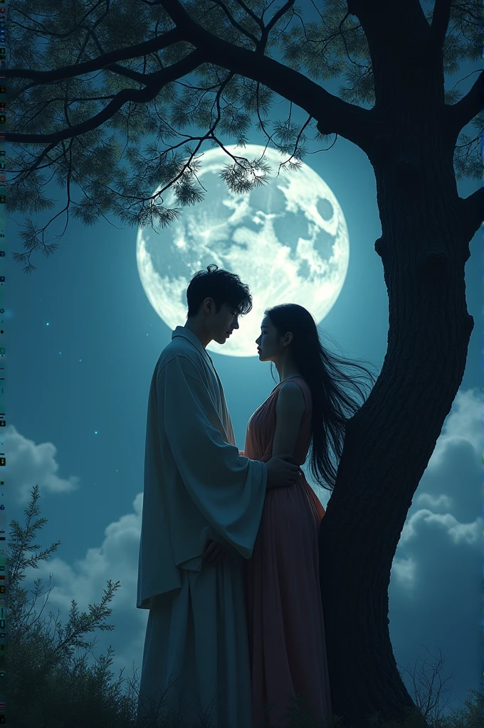 masterpiece, Highest image quality, photo realistic, Raw photo, full body photo, (night, giant Moon in the sky :1.4, in ancient japan , young man and beauty woman, man talk to woman under the tree, man and woman facing each other, man hands push the tree over woman shoulder, skin exposed from the clothes, whispered words, open eyes), many giant meteor strike on the ground, flying hair, 
